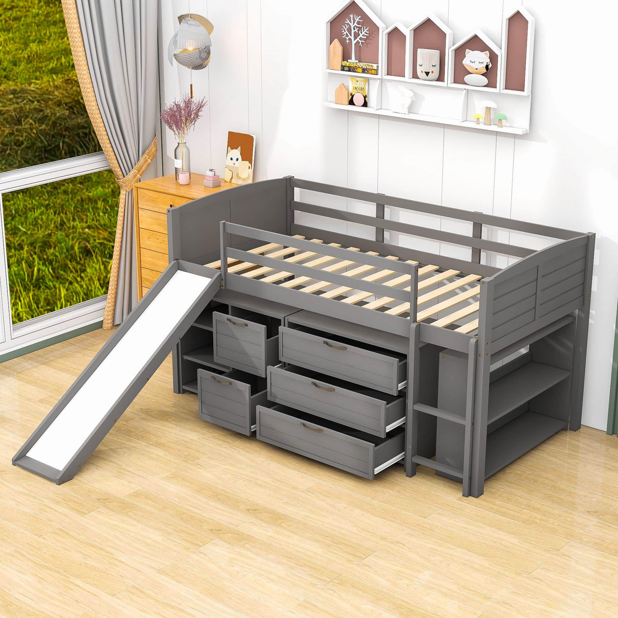 Low Twin Loft Bed with Slide and Detachable Dresser, Cabinet for Kids - [Wood]