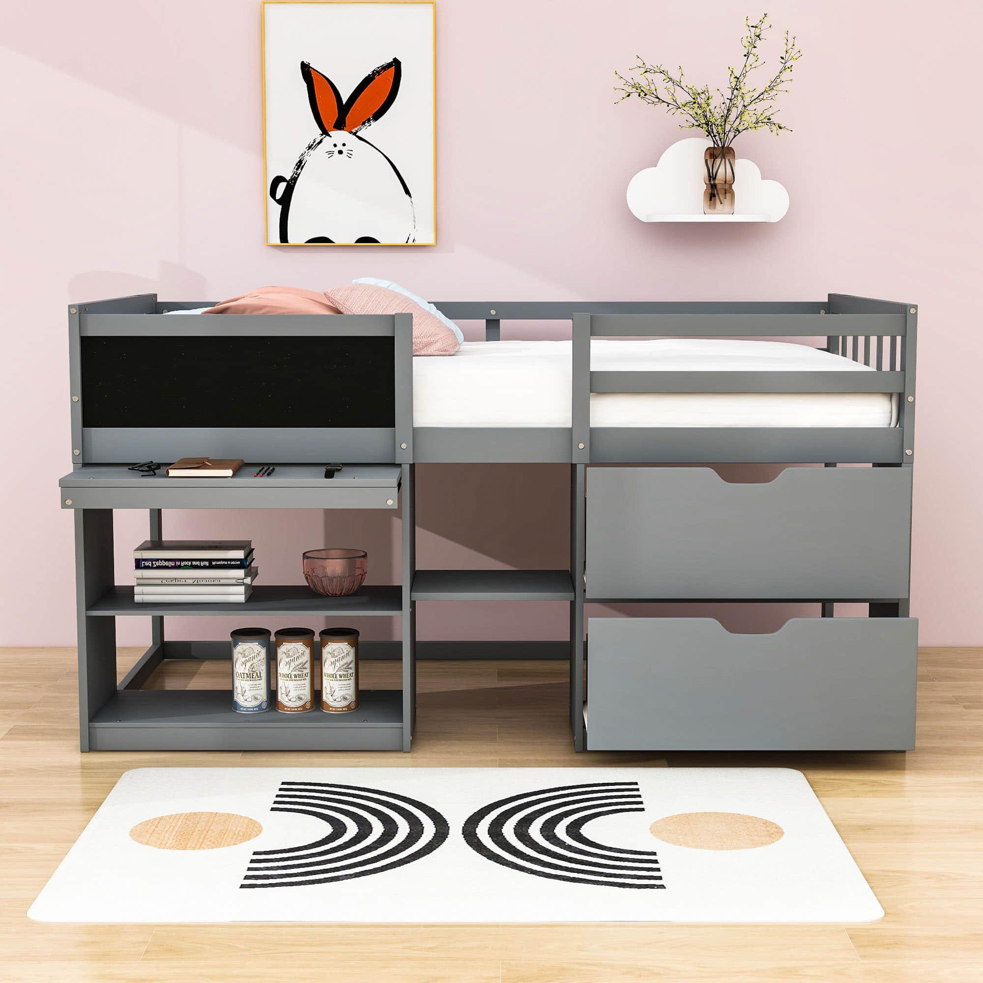 Kids Low Twin Loft Bed with Rolling Desk and Storage - [Drawers, Shelves]