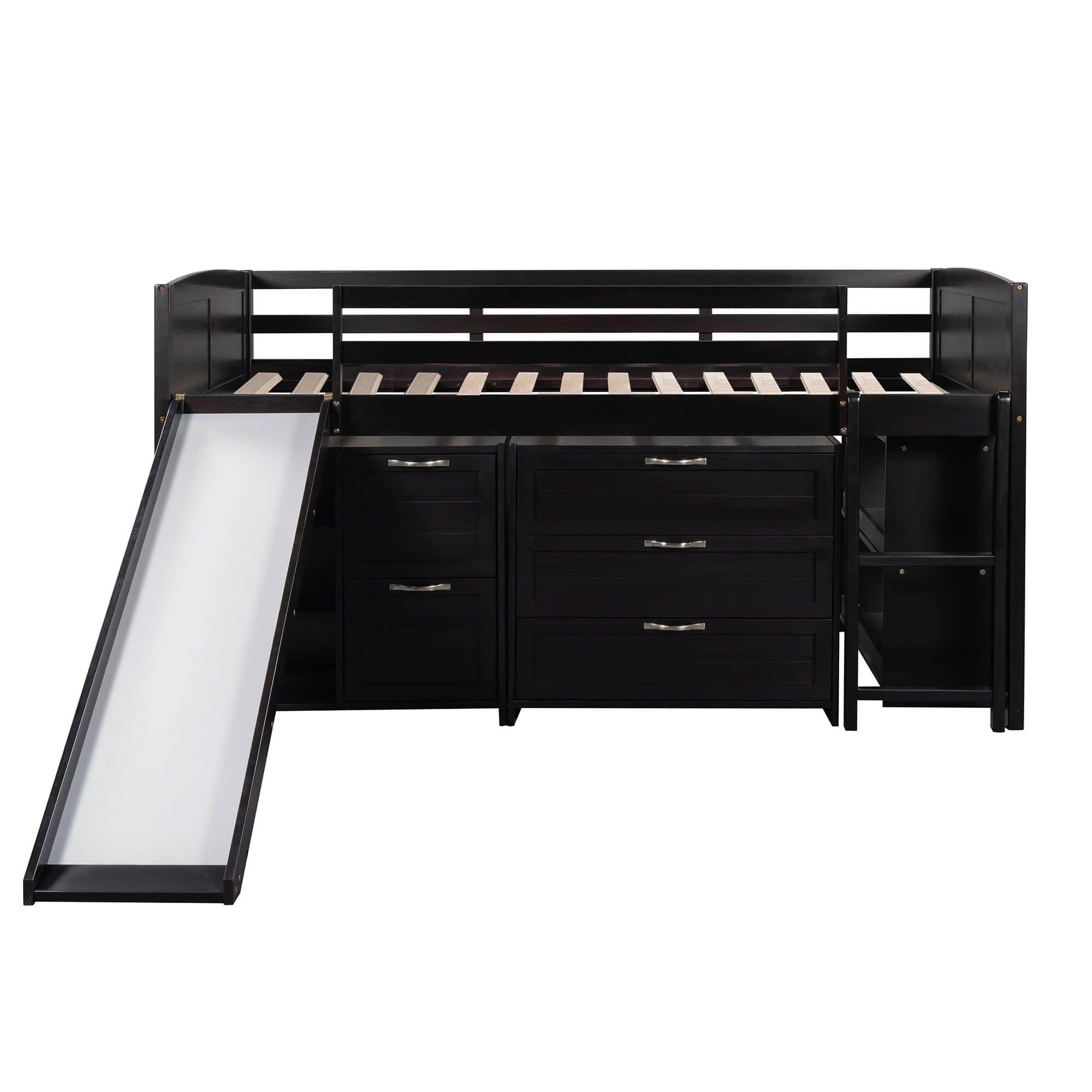 Low Twin Loft Bed with Slide and Detachable Dresser, Cabinet for Kids - [Wood]