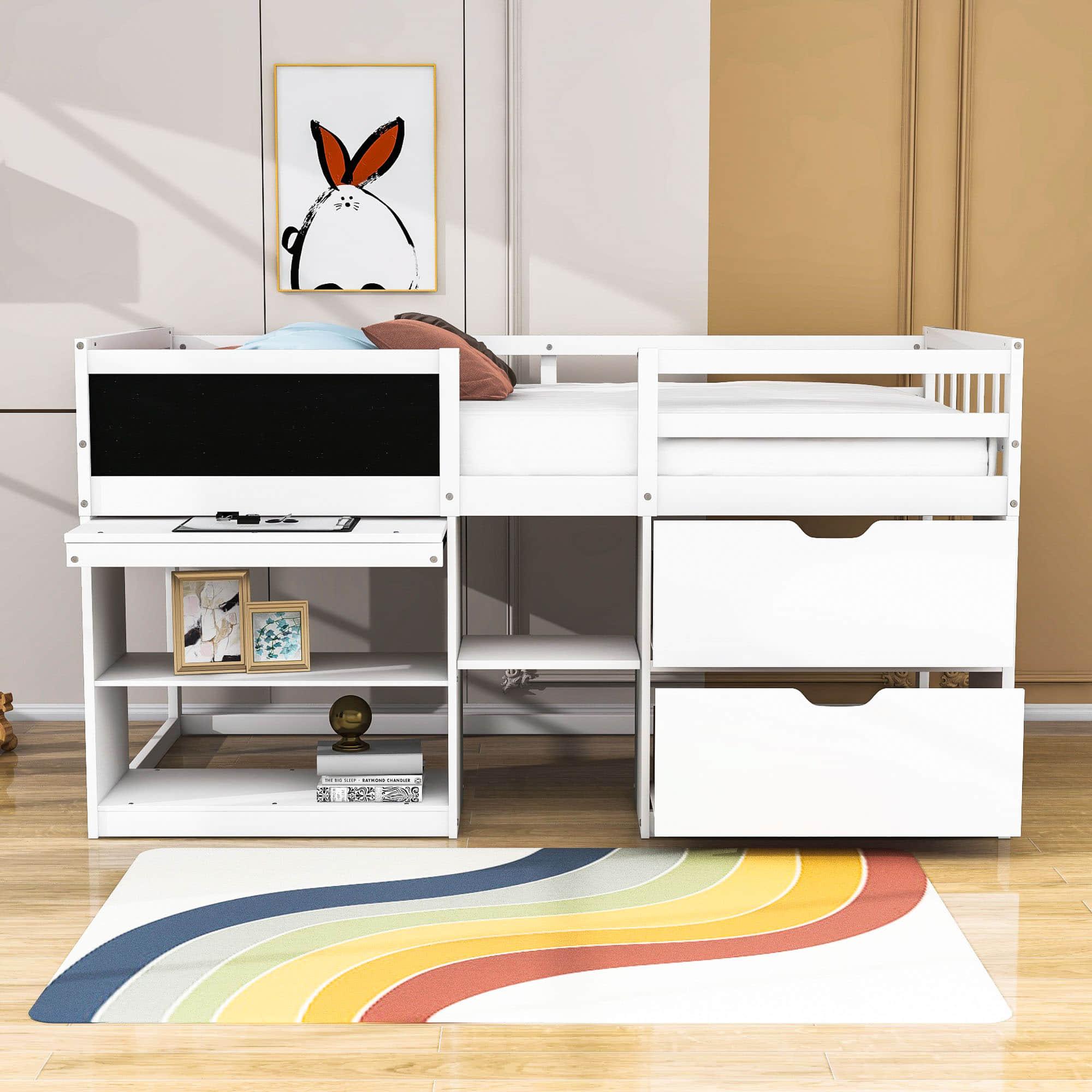 Kids Low Twin Loft Bed with Rolling Desk and Storage - [Drawers, Shelves]