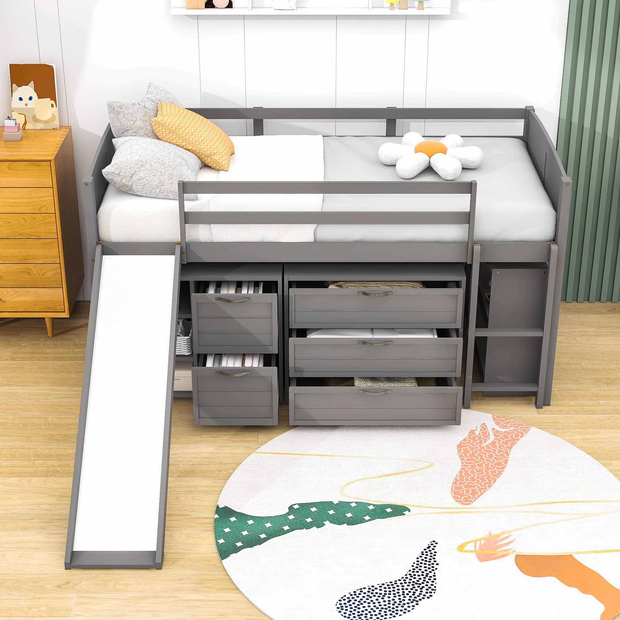 Low Twin Loft Bed with Slide and Detachable Dresser, Cabinet for Kids - [Wood]