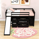 Low Twin Loft Bed with Slide and Detachable Dresser, Cabinet for Kids - [Wood]