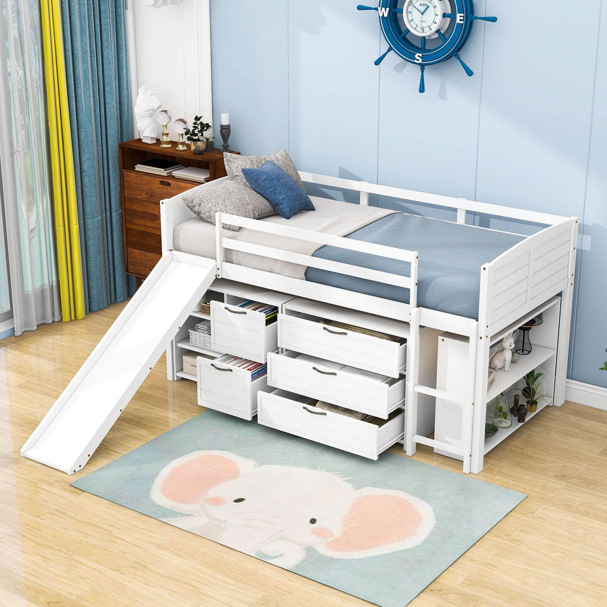 Low Twin Loft Bed with Slide and Detachable Dresser, Cabinet for Kids - [Wood]