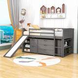 Low Twin Loft Bed with Slide and Detachable Dresser, Cabinet for Kids - [Wood]