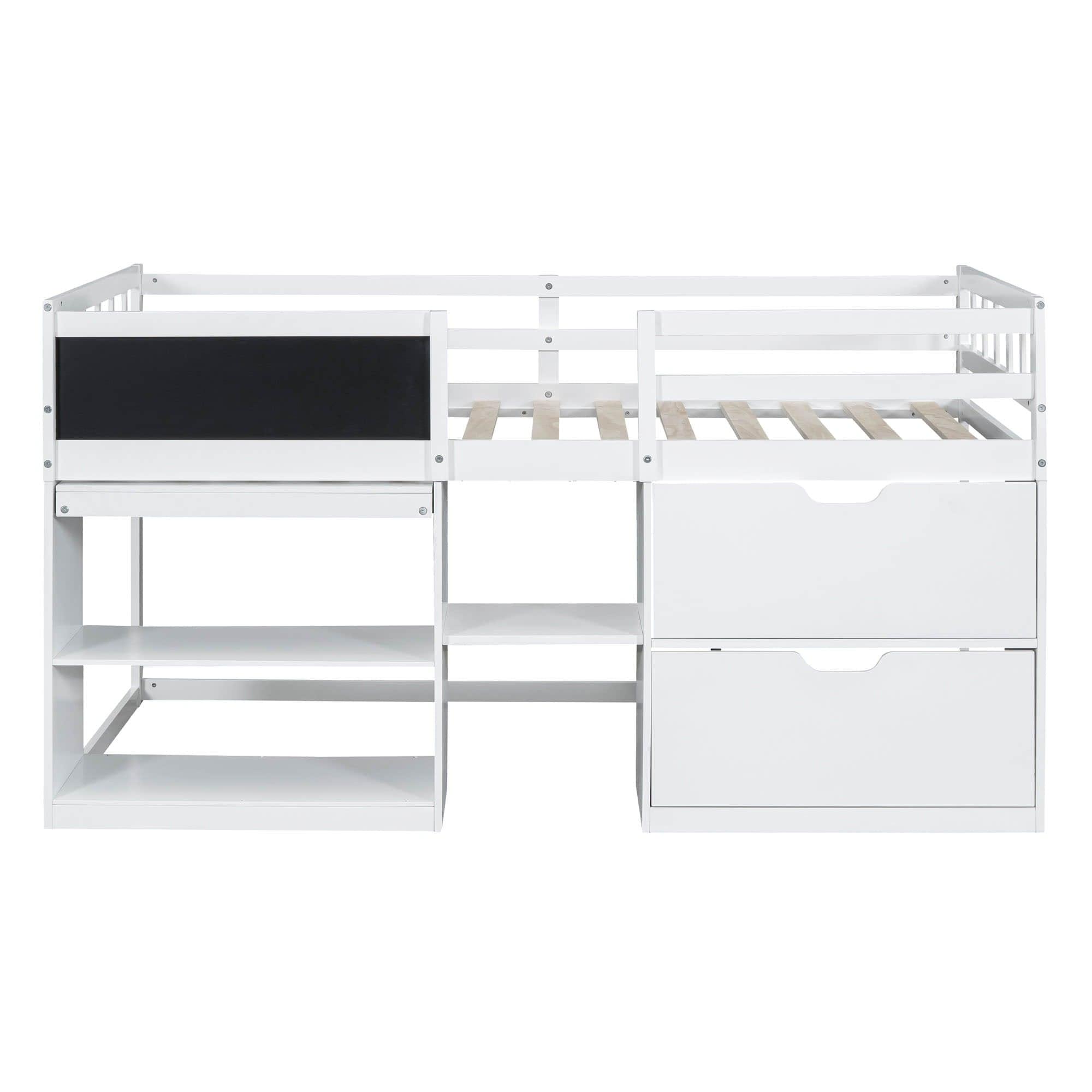 Kids Low Twin Loft Bed with Rolling Desk and Storage - [Drawers, Shelves]