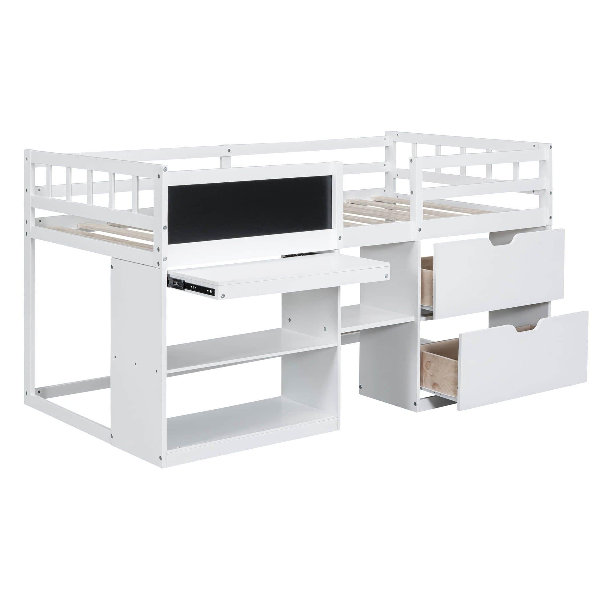 Kids Low Twin Loft Bed with Rolling Desk and Storage - [Drawers, Shelves]