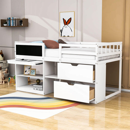 Kids Low Twin Loft Bed with Rolling Desk and Storage - [Drawers, Shelves]