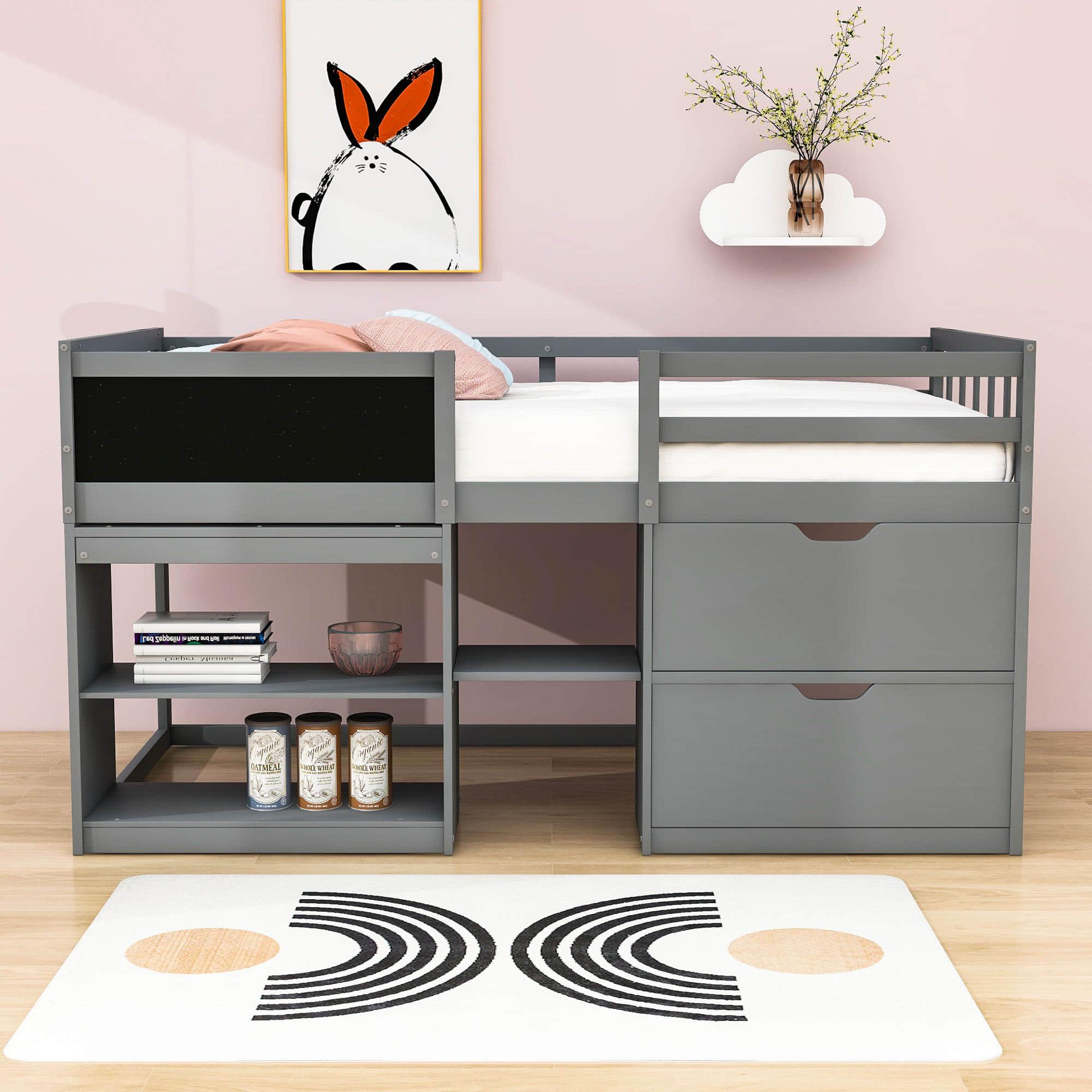 Kids Low Twin Loft Bed with Rolling Desk and Storage - [Drawers, Shelves]