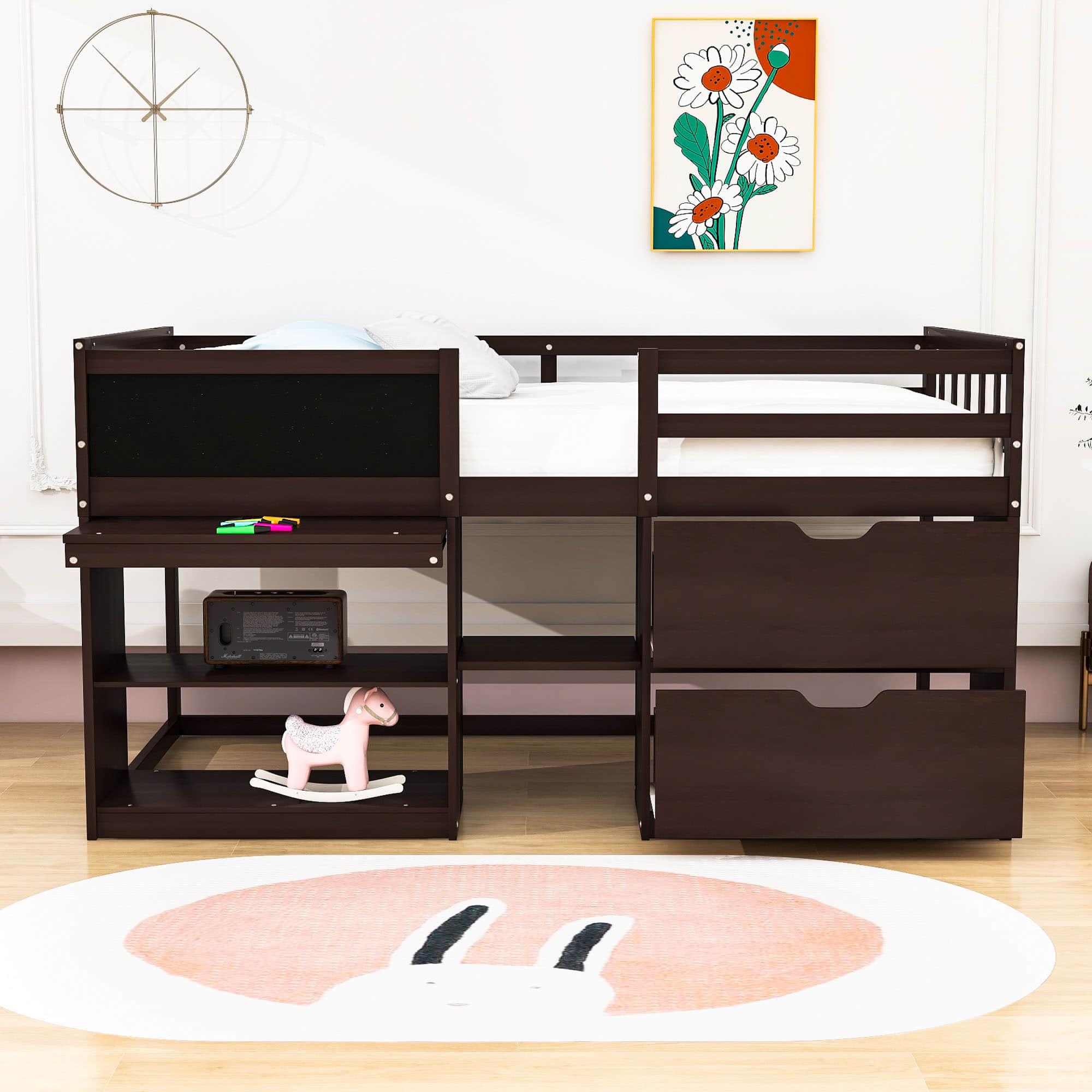 Kids Low Twin Loft Bed with Rolling Desk and Storage - [Drawers, Shelves]