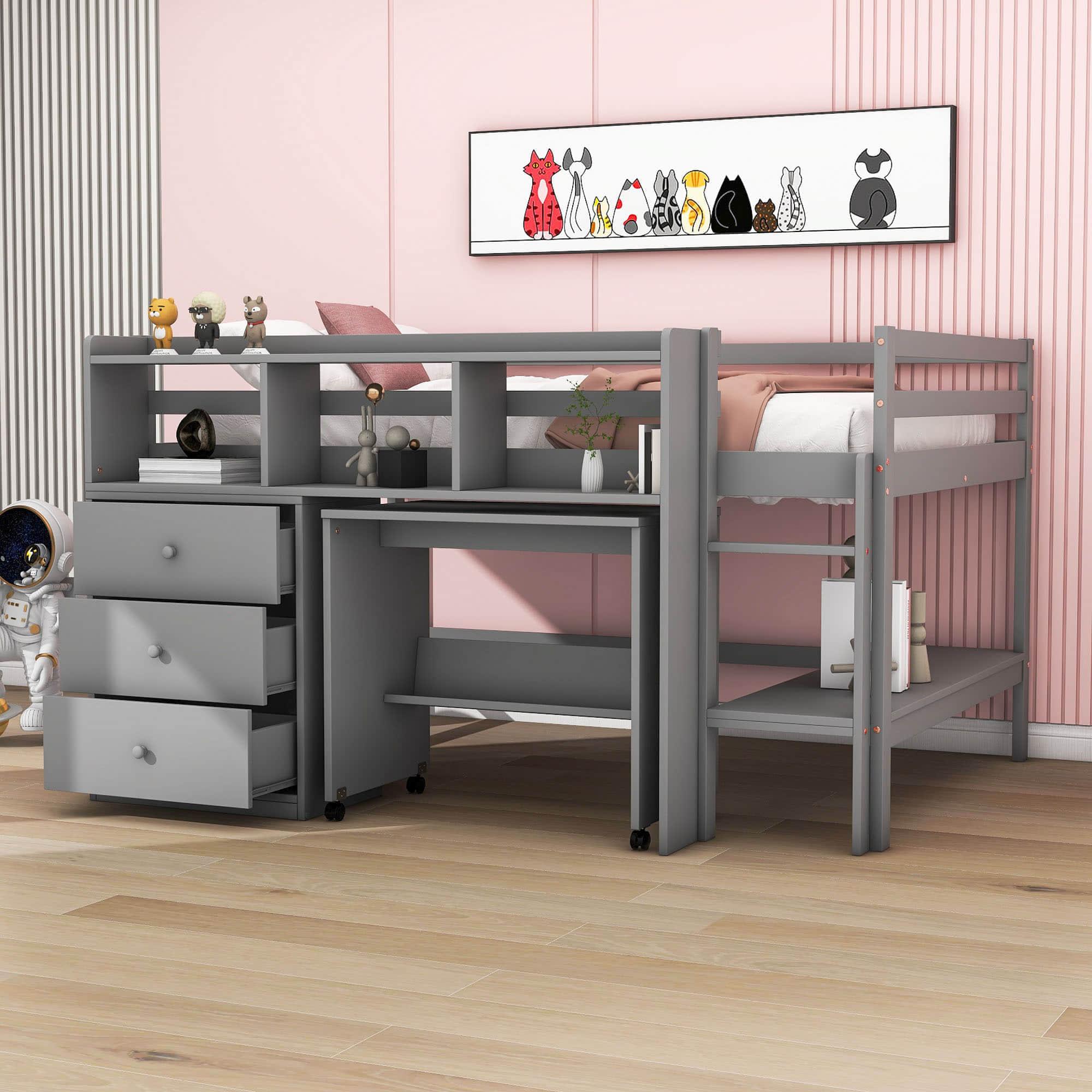 Kids Full Size Low Loft Bed with Portable Desk and Storage - [Wood, Drawers, Shelves]