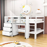 Kids Full Size Low Loft Bed with Portable Desk and Storage - [Wood, Drawers, Shelves]