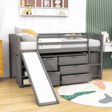 Low Twin Loft Bed with Slide and Detachable Dresser, Cabinet for Kids - [Wood]