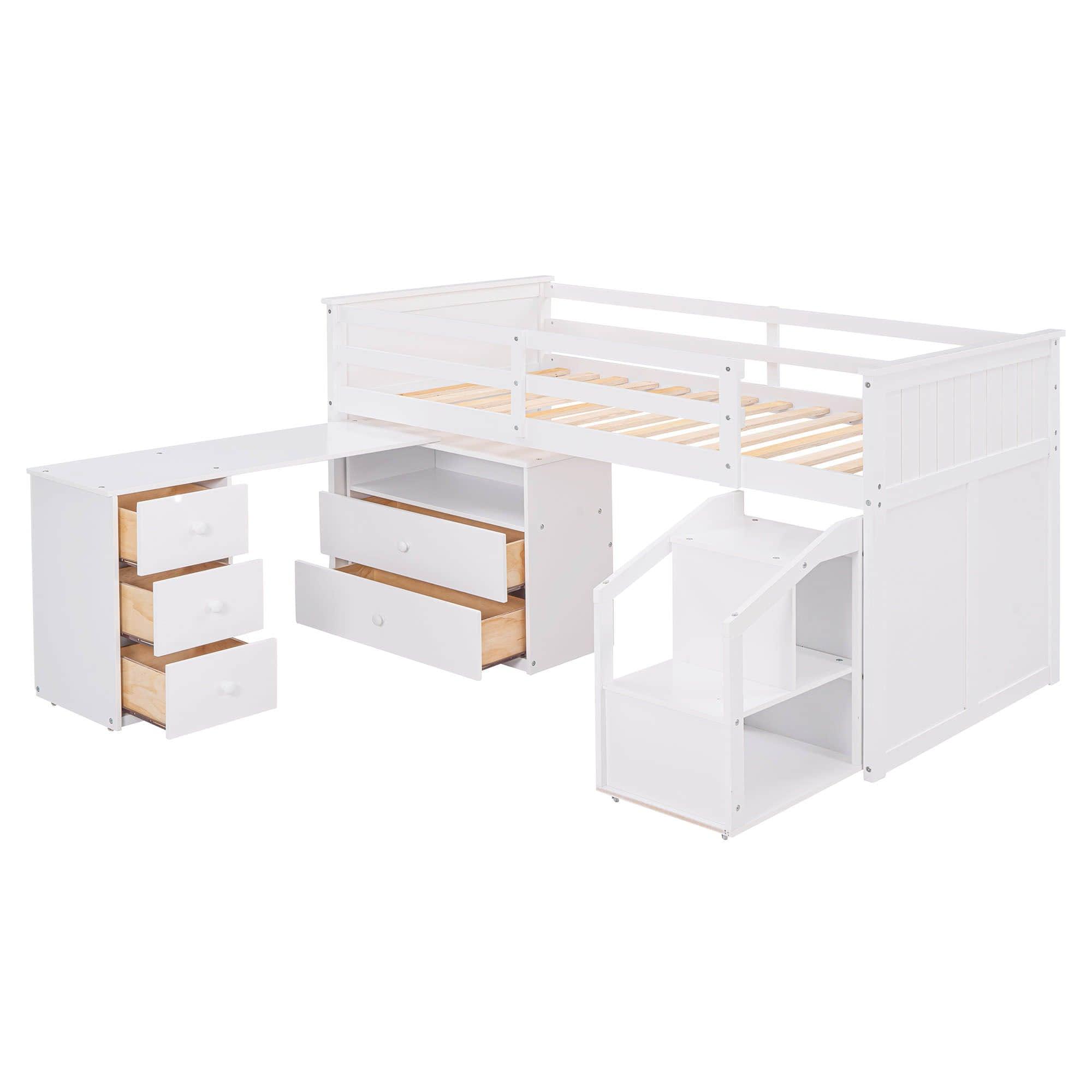 Low Twin Loft Bed with Portable Desk and Stairs, Storage - [Wood, Drawers, Shelves]