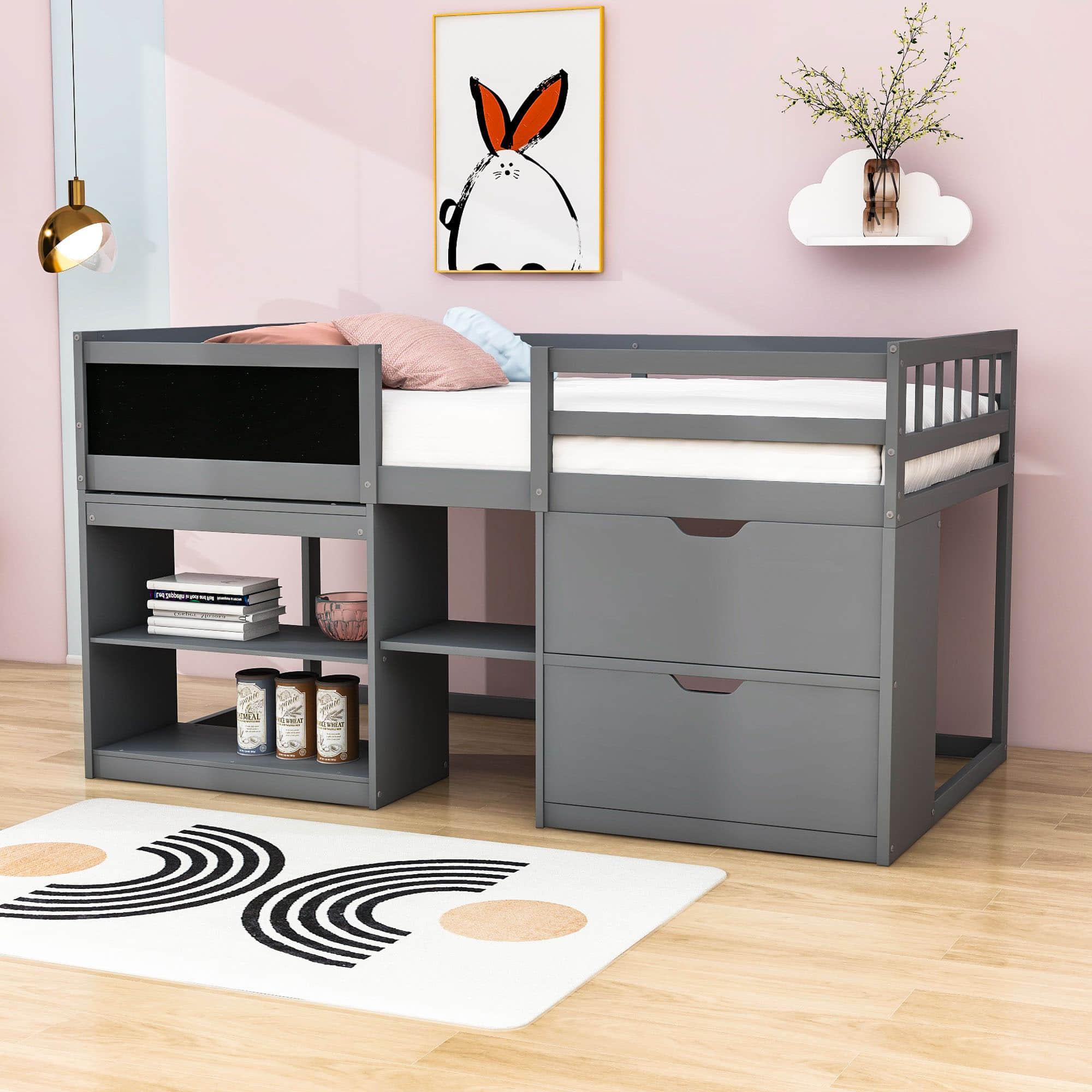 Kids Low Twin Loft Bed with Rolling Desk and Storage - [Drawers, Shelves]