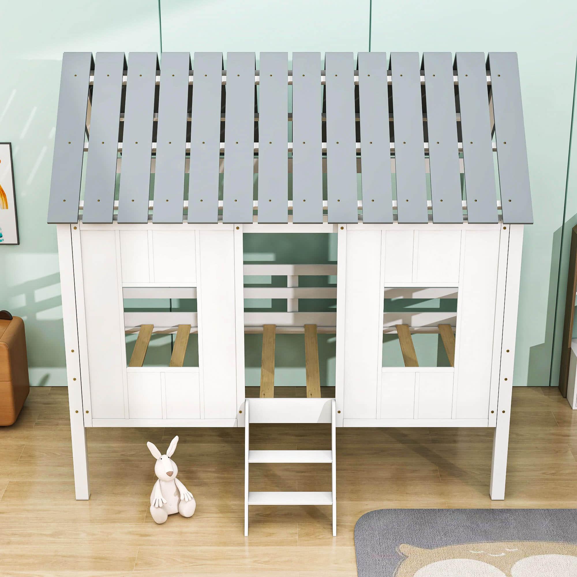 Wooden House Twin Low Loft Bed for Toddler, Kids