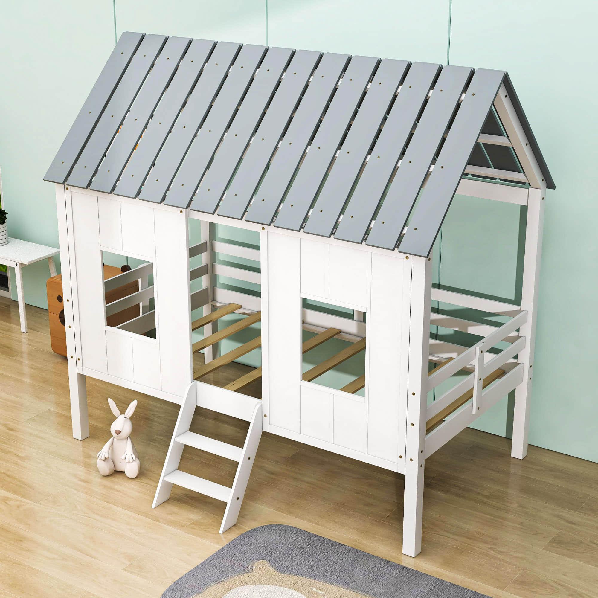 Wooden House Twin Low Loft Bed for Toddler, Kids