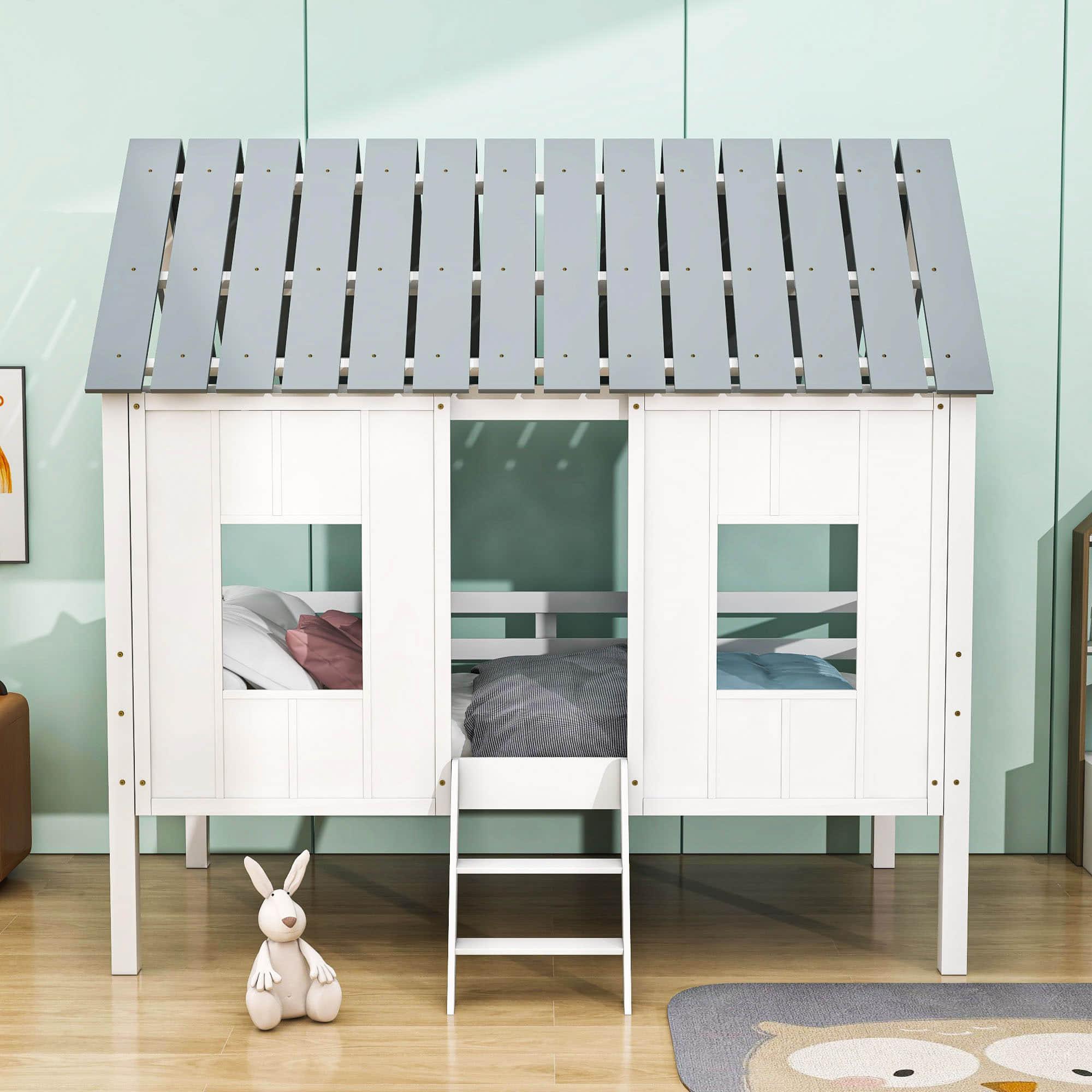 Wooden House Twin Low Loft Bed for Toddler, Kids