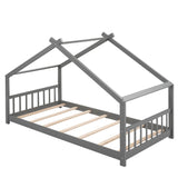 Wooden Twin Low House Bed Frame for Toddler, Kids