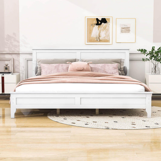 Mid-Century Modern Solid Wood King Size Platform Bed with Headboard