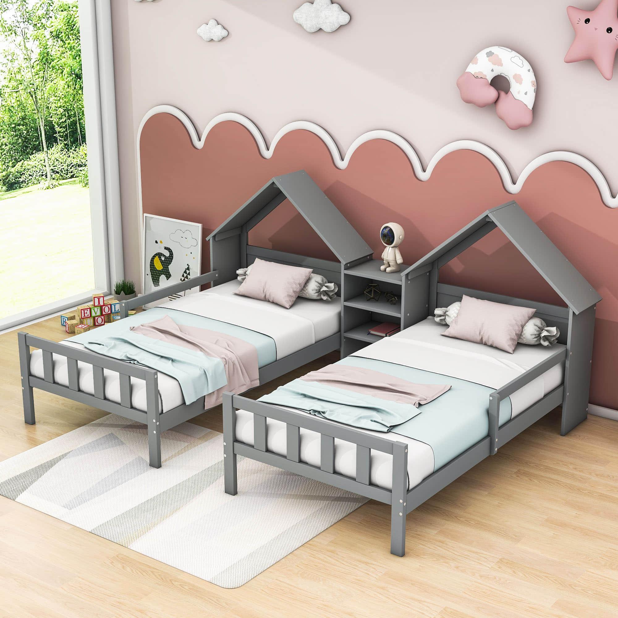 Double Twin Size Kids Platform Bed Frame with House-Shaped Headboard