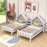 Double Twin Size Kids Platform Bed Frame with House-Shaped Headboard