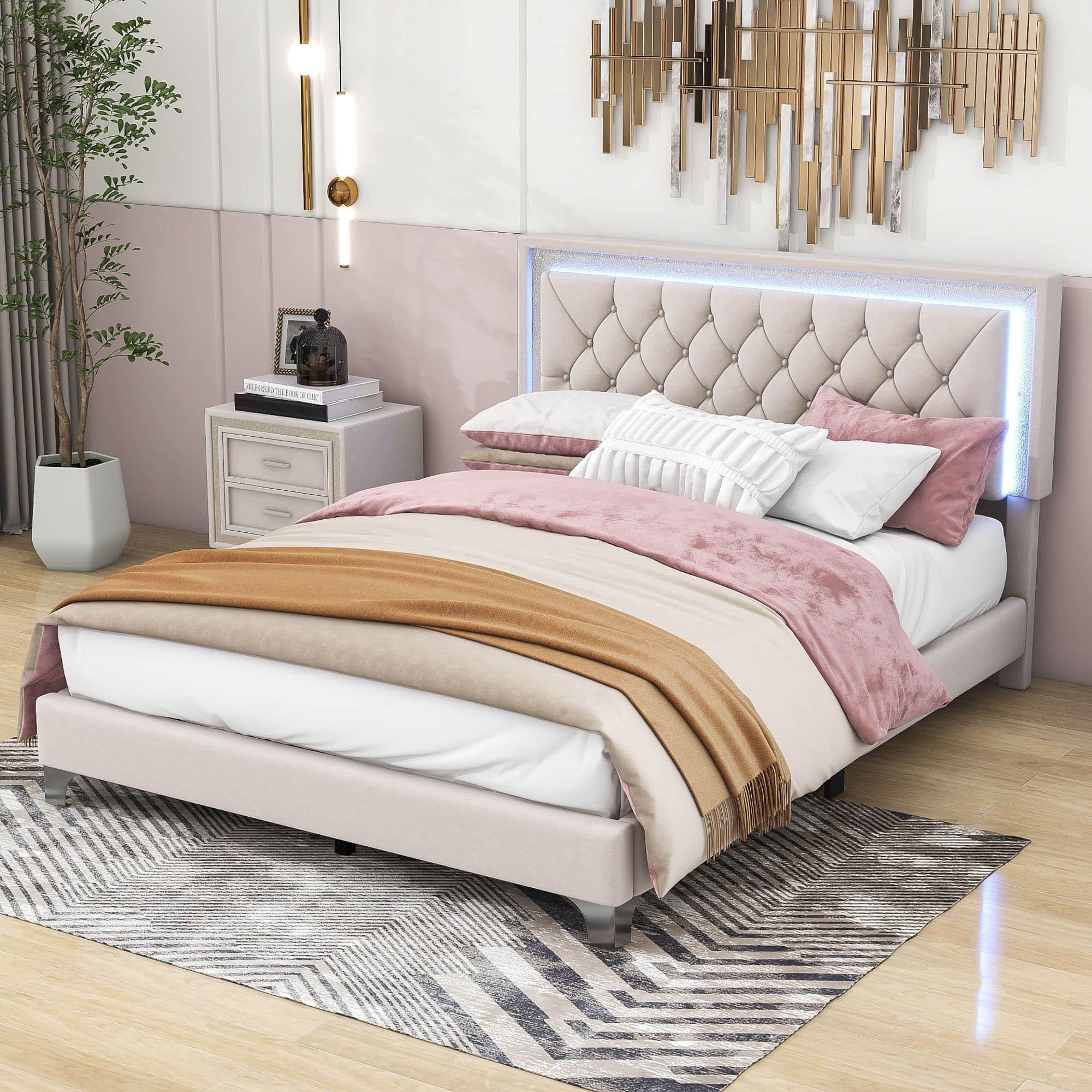 Modern Queen Size Upholstered Bed Frame with LED Lights and Headboard