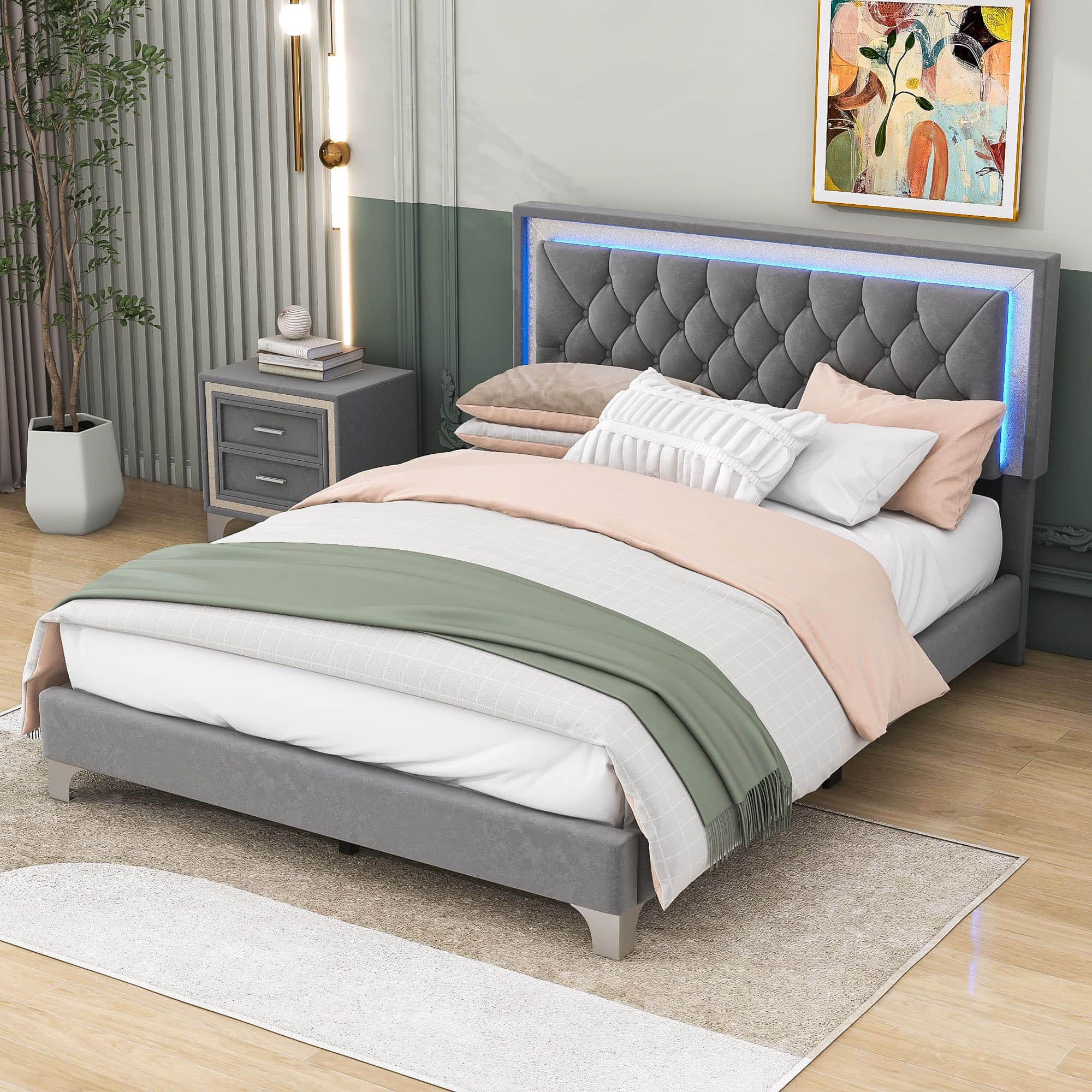 Modern Queen Size Upholstered Bed Frame with LED Lights and Headboard