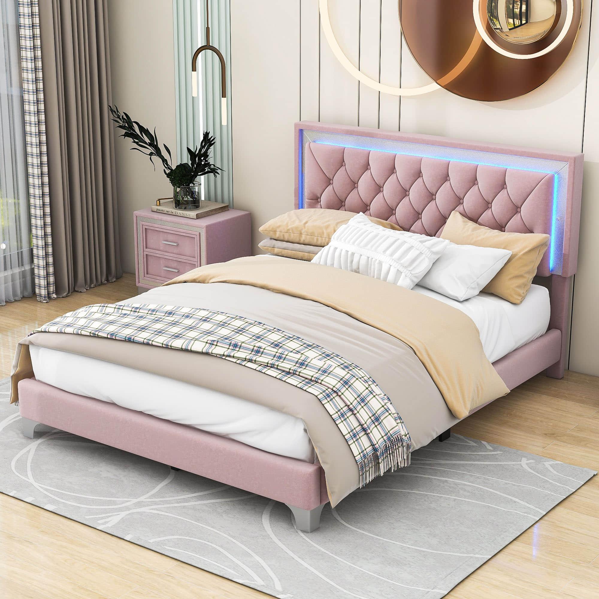 Modern Queen Size Upholstered Bed Frame with LED Lights and Headboard