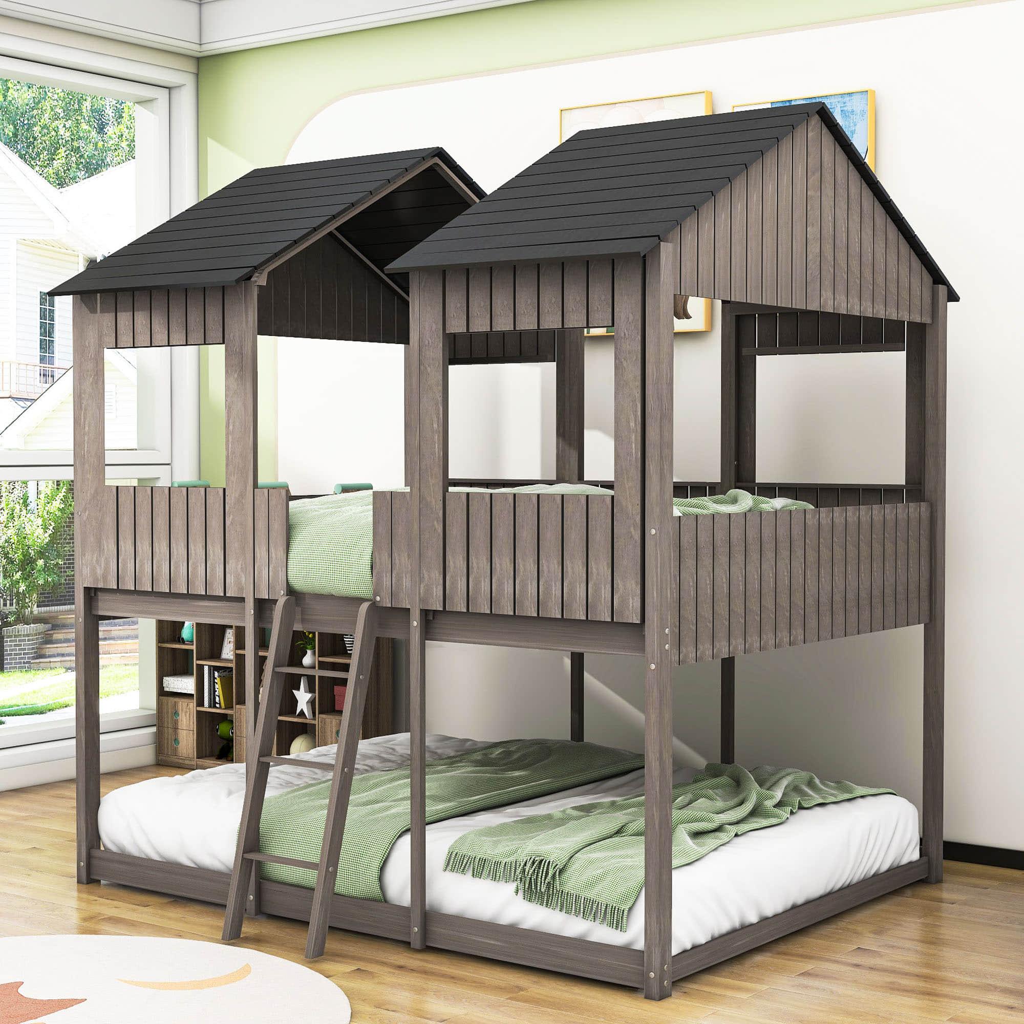 Wooden Full Over Full House Bunk Beds for Kids Toddler - Low, Floor