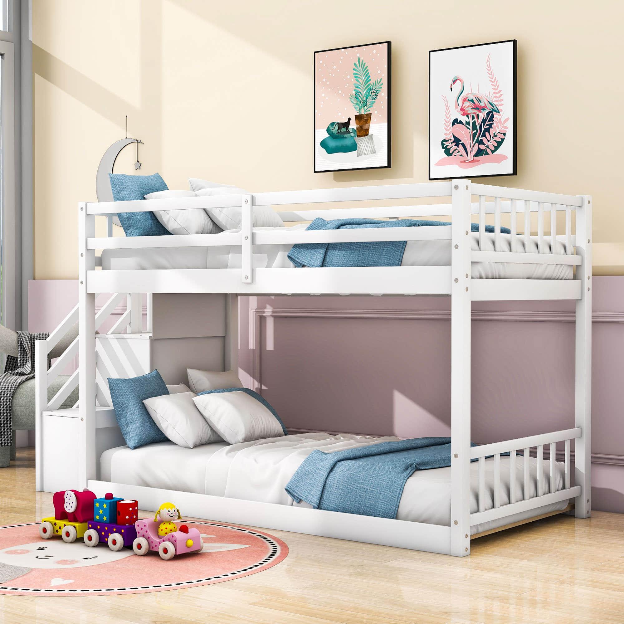 Low Twin Over Twin Toddler Bunk Beds with Stairs - [Floor]