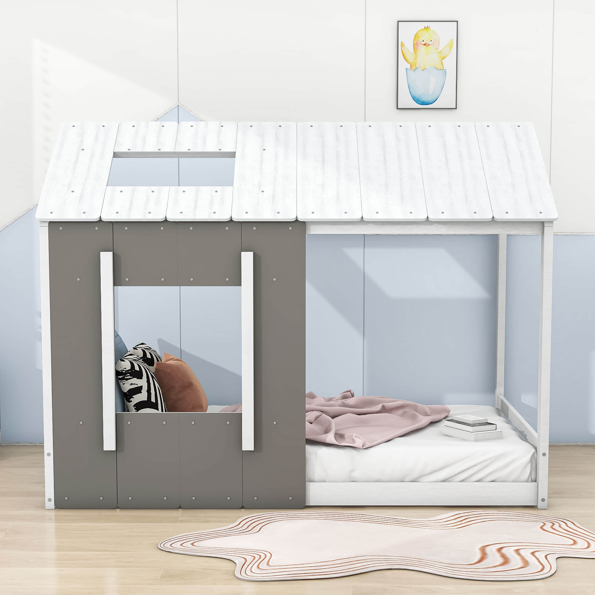 Wood House-Shaped Twin Floor Bed Frame for Toddler, Kids - [Roof]