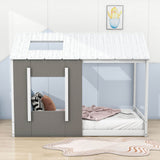 Wood House-Shaped Twin Floor Bed Frame for Toddler, Kids - [Roof]