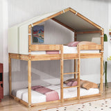 Solid Wood Low Twin Over Twin House Bunk Beds with Tent for Kids Toddler