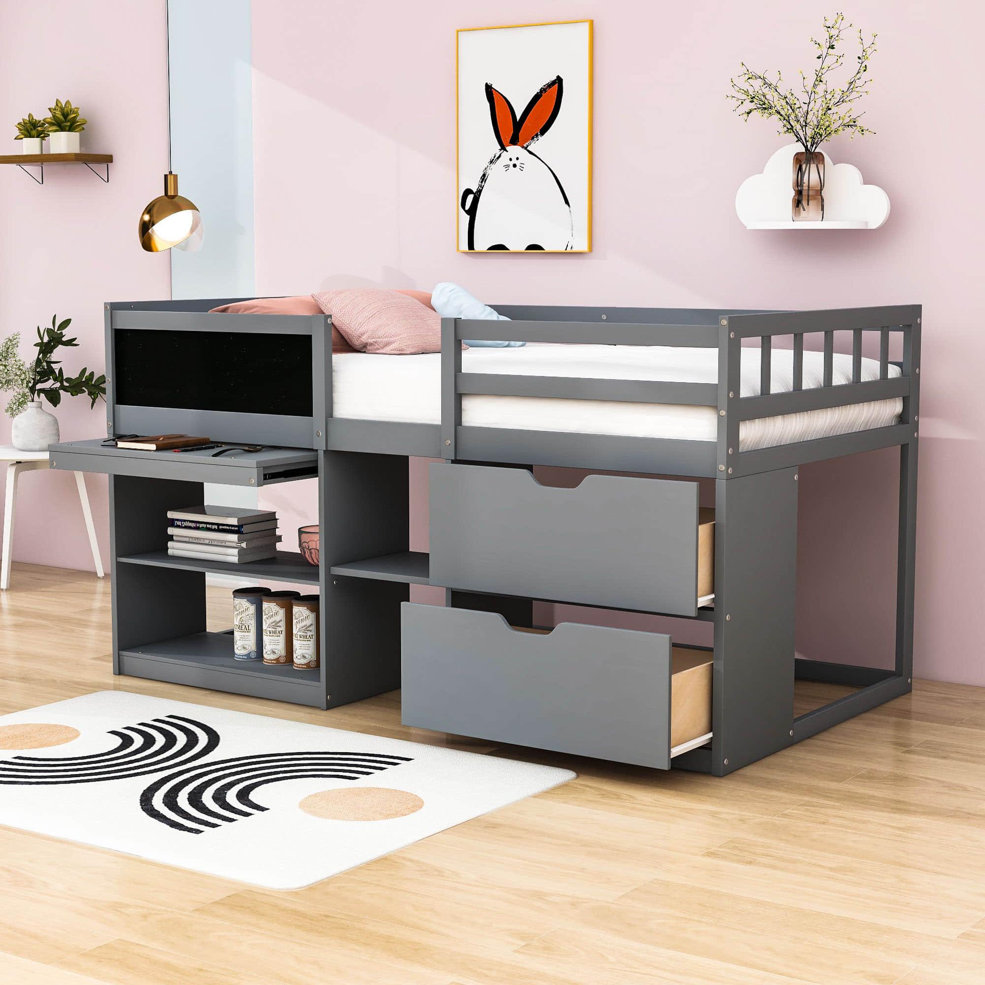 Kids Low Twin Loft Bed with Rolling Desk and Storage - [Drawers, Shelves]