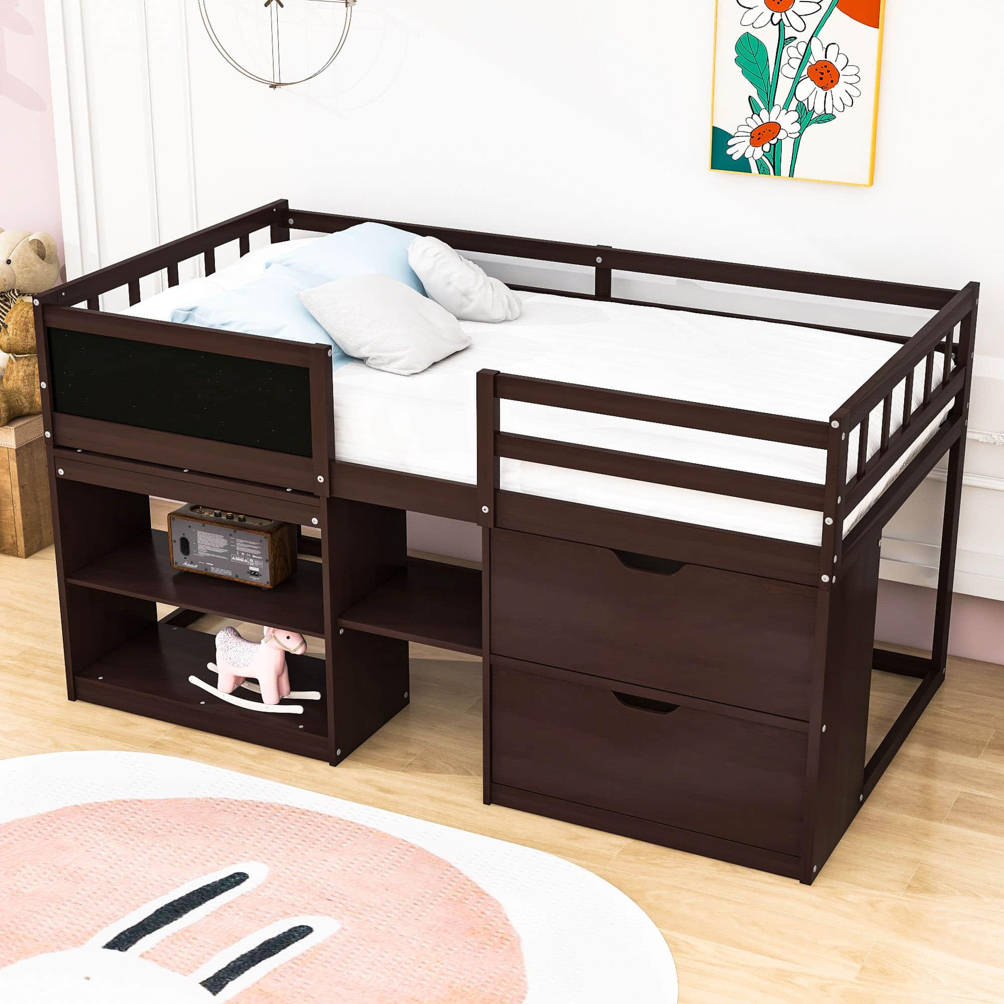 Kids Low Twin Loft Bed with Rolling Desk and Storage - [Drawers, Shelves]