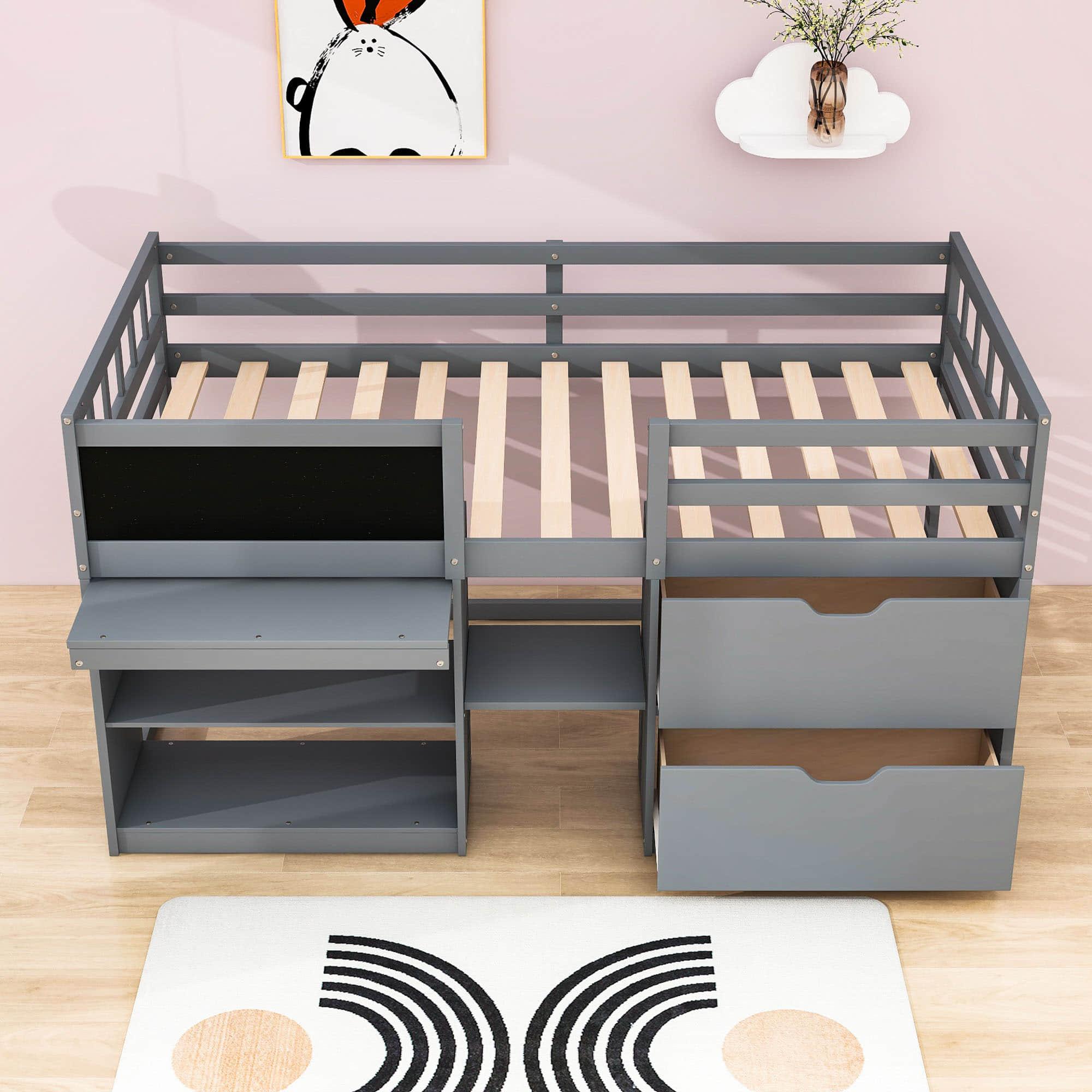 Kids Low Twin Loft Bed with Rolling Desk and Storage - [Drawers, Shelves]