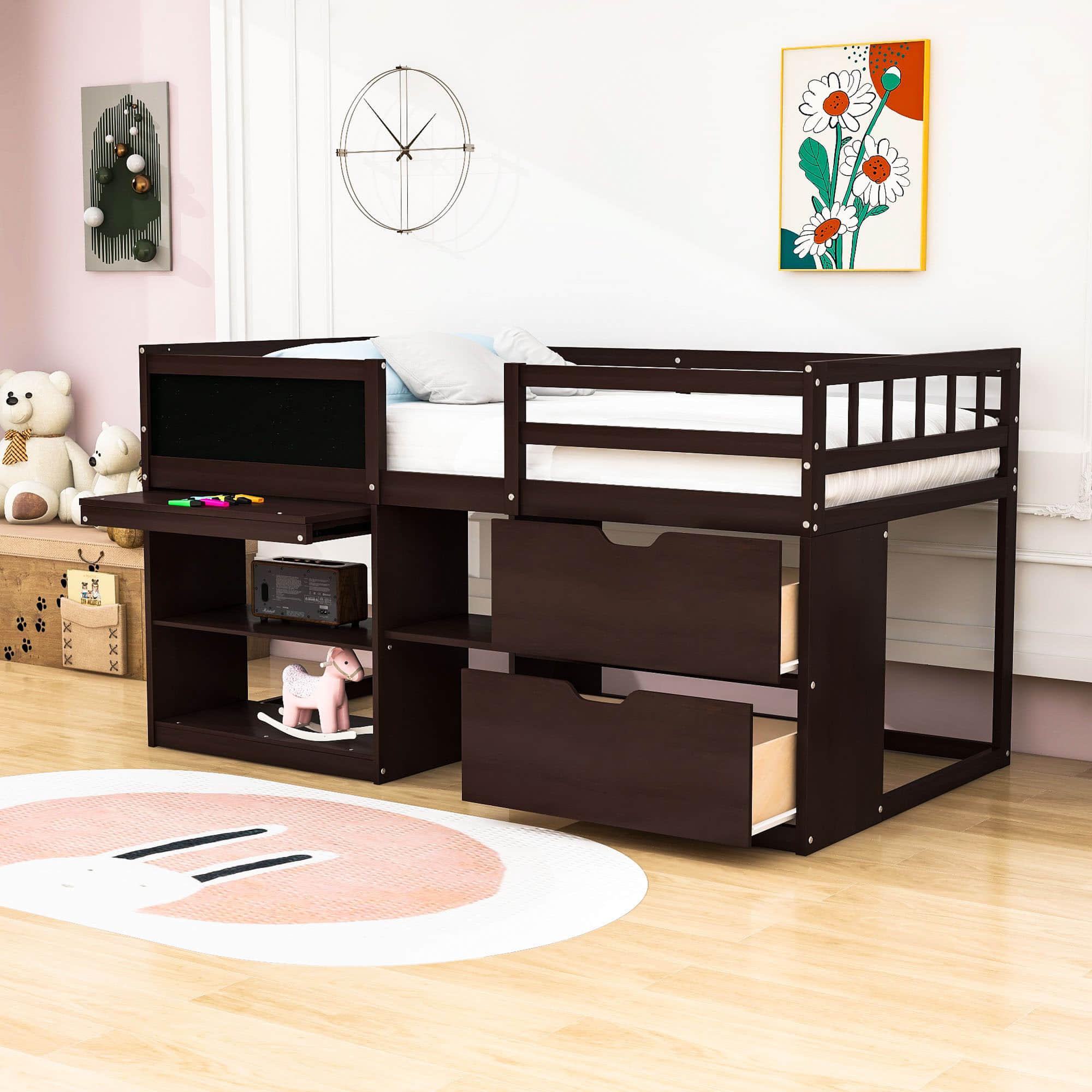 Kids Low Twin Loft Bed with Rolling Desk and Storage - [Drawers, Shelves]