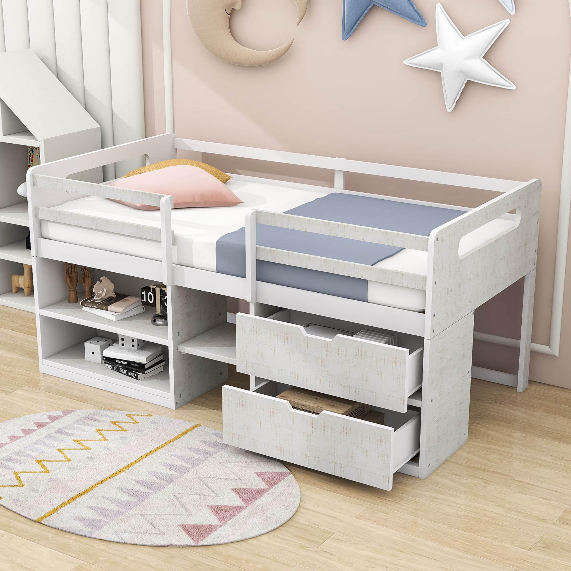 Modern Farmhouse Twin Low Montessori Loft Bed with Drawers and Shelves for Kids