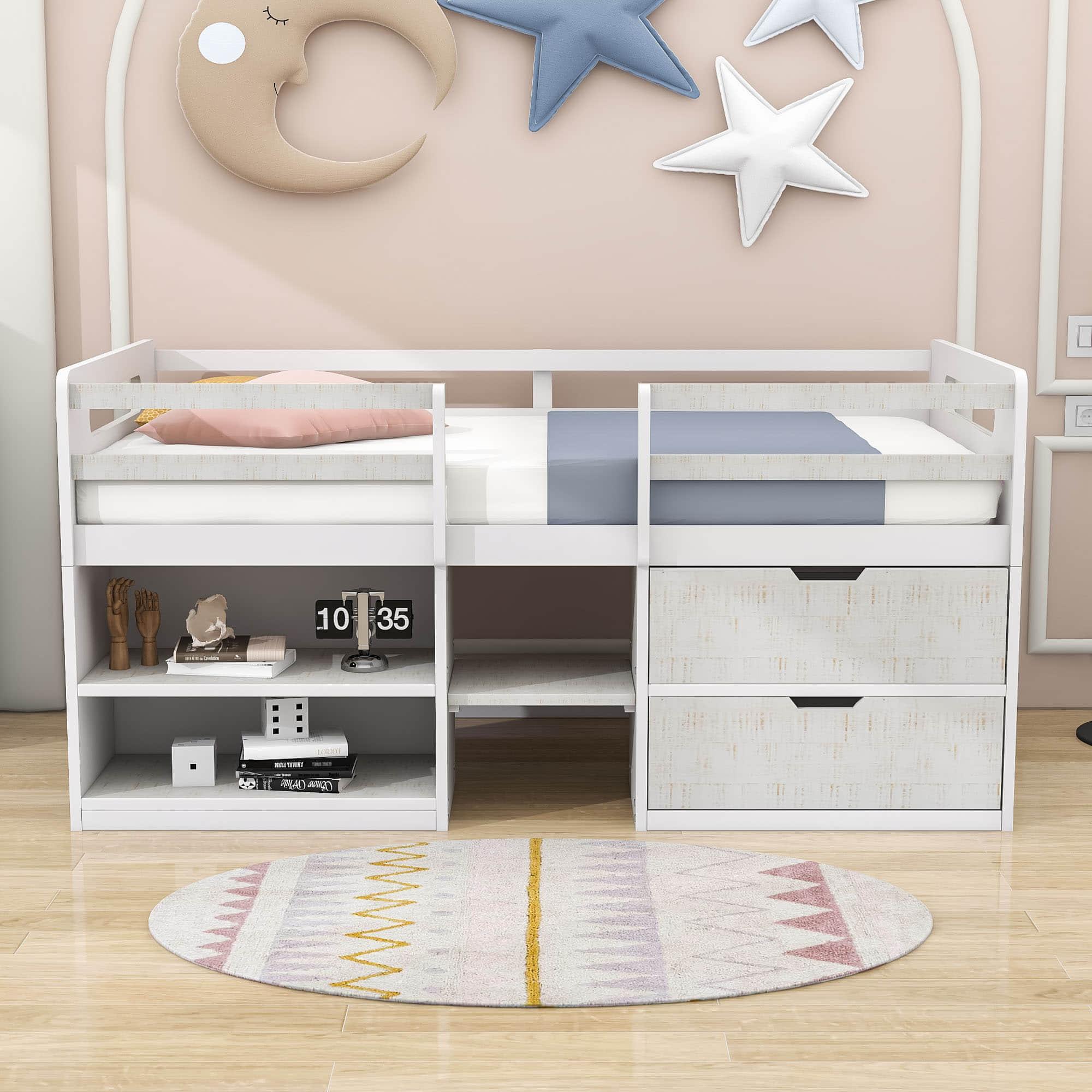 Modern Farmhouse Twin Low Montessori Loft Bed with Drawers and Shelves for Kids