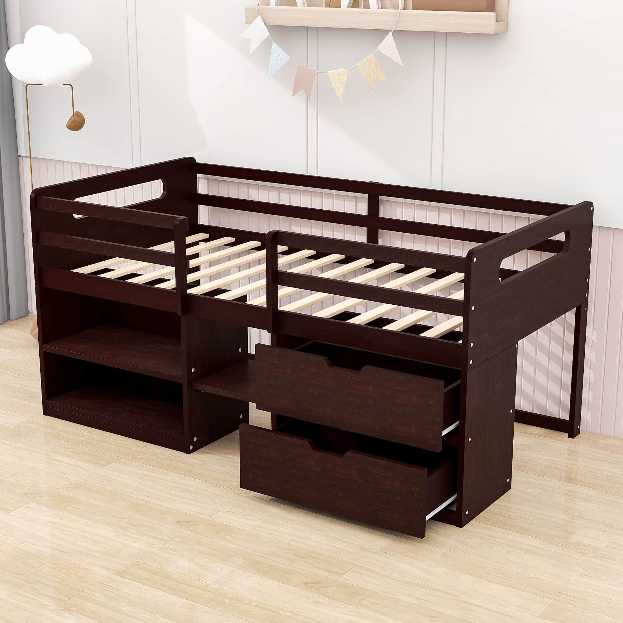 Modern Farmhouse Twin Low Montessori Loft Bed with Drawers and Shelves for Kids