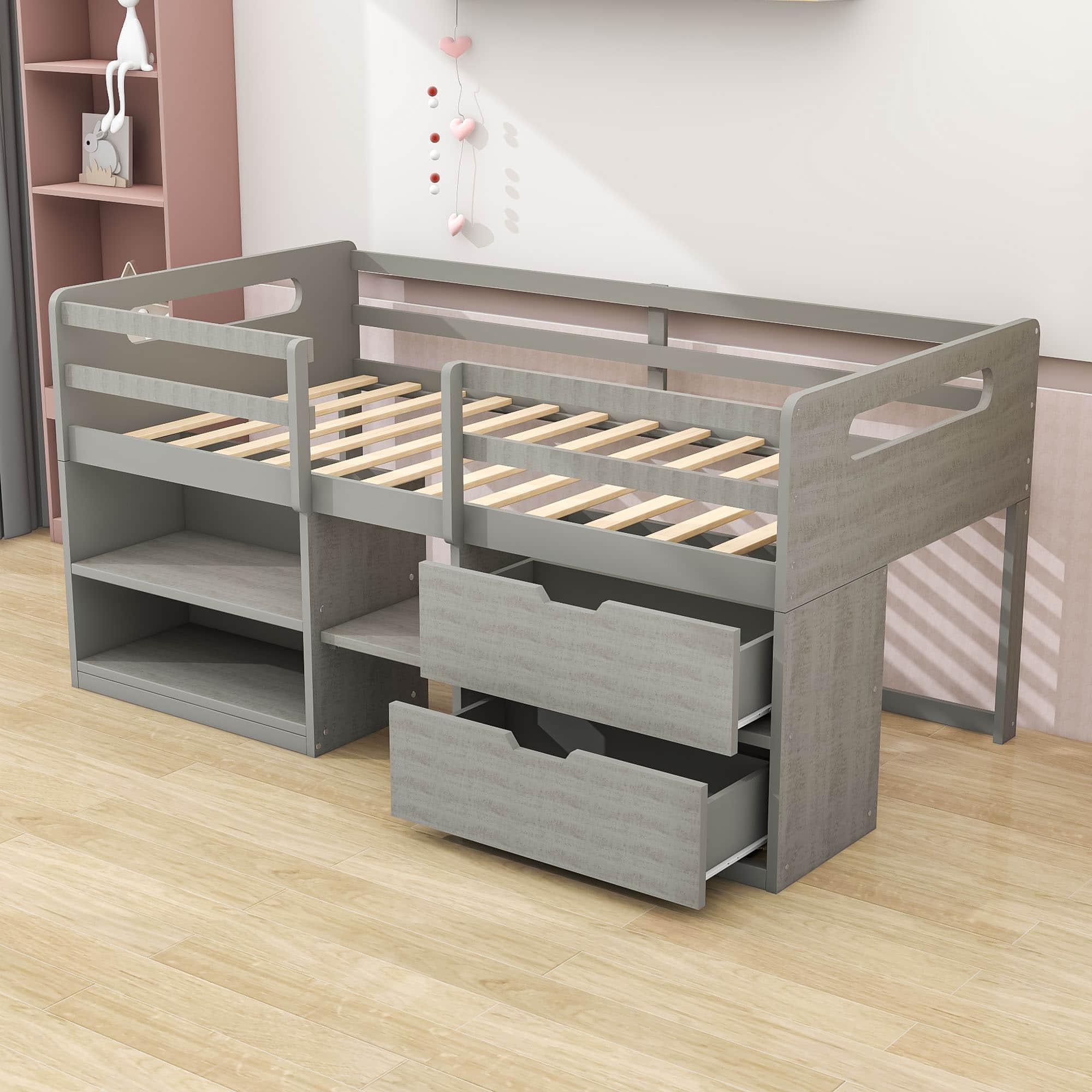 Modern Farmhouse Twin Low Montessori Loft Bed with Drawers and Shelves for Kids