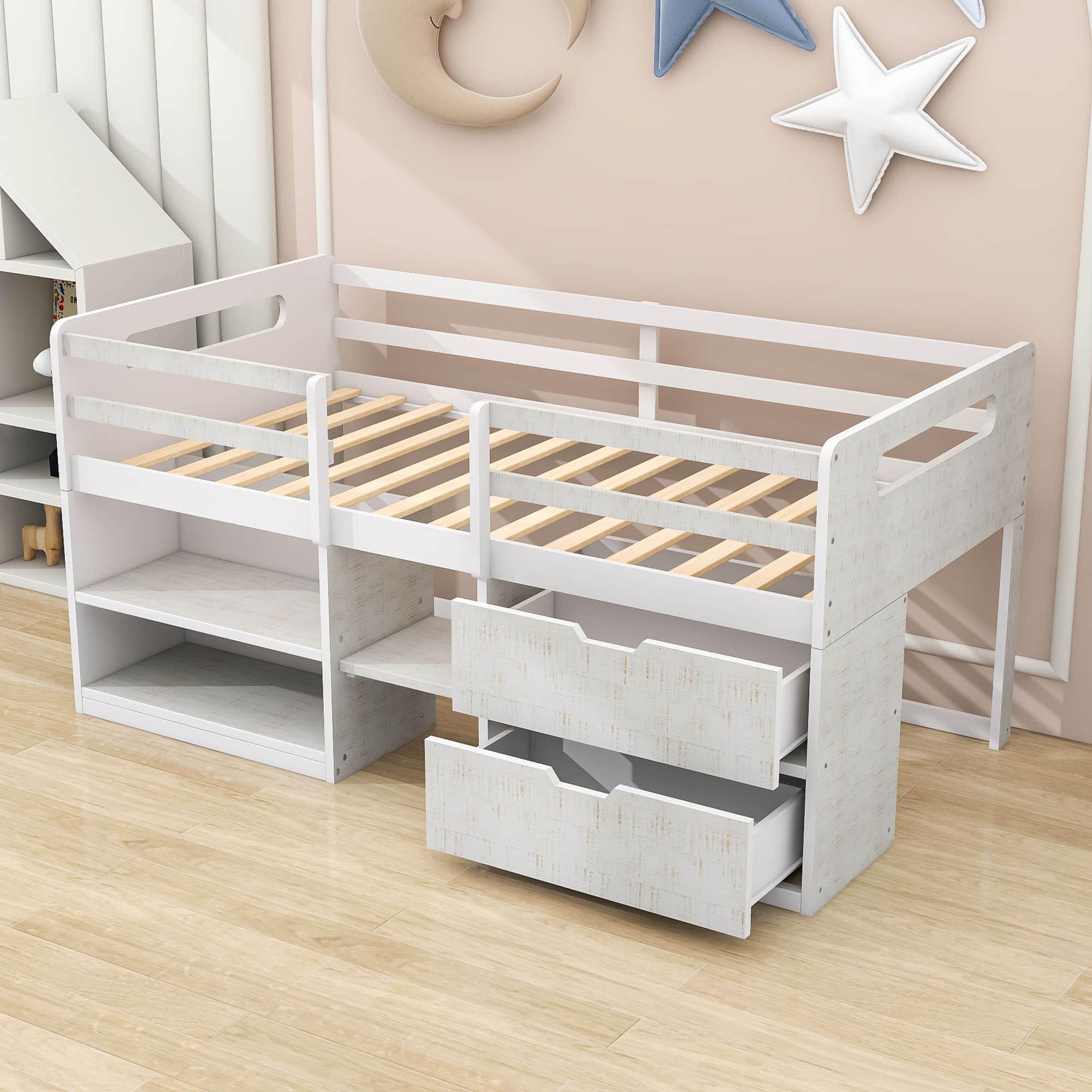 Modern Farmhouse Twin Low Montessori Loft Bed with Drawers and Shelves for Kids