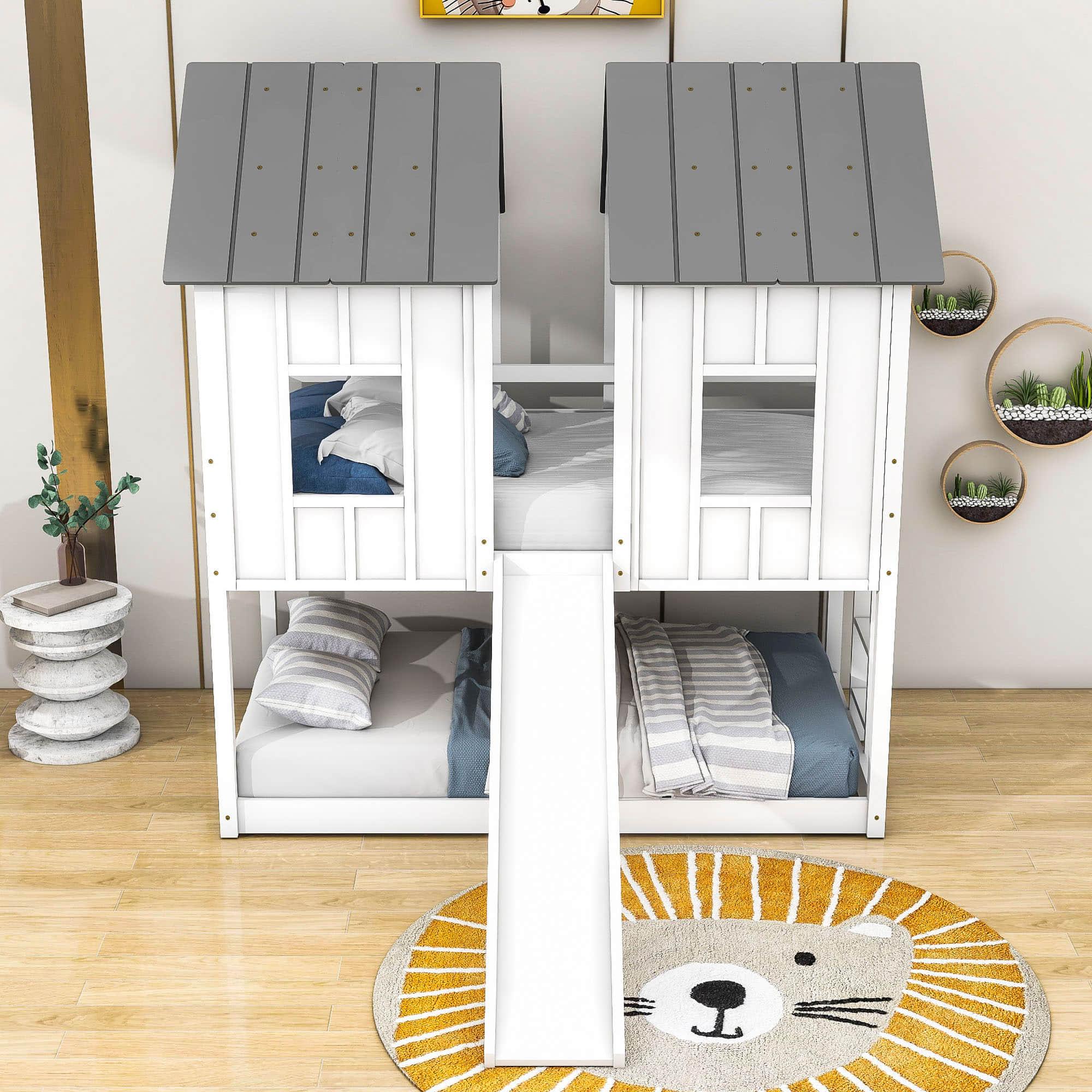 Wood Fun Twin Over Twin Low House Bunk Bed with Slide - [White, Windows, Roof, Ladder]