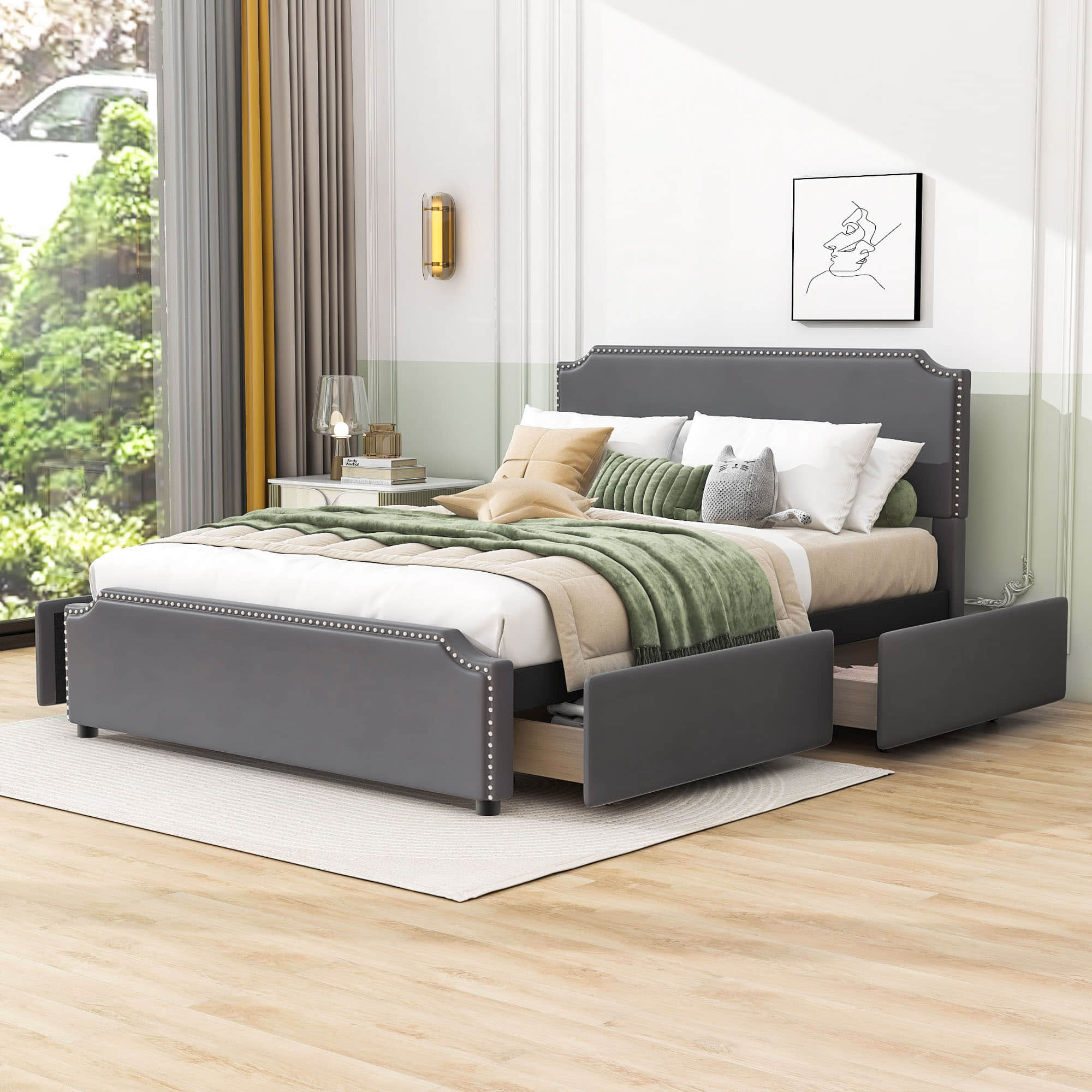 Queen Velvet Upholstered Bed Frame with Headboard and Storage