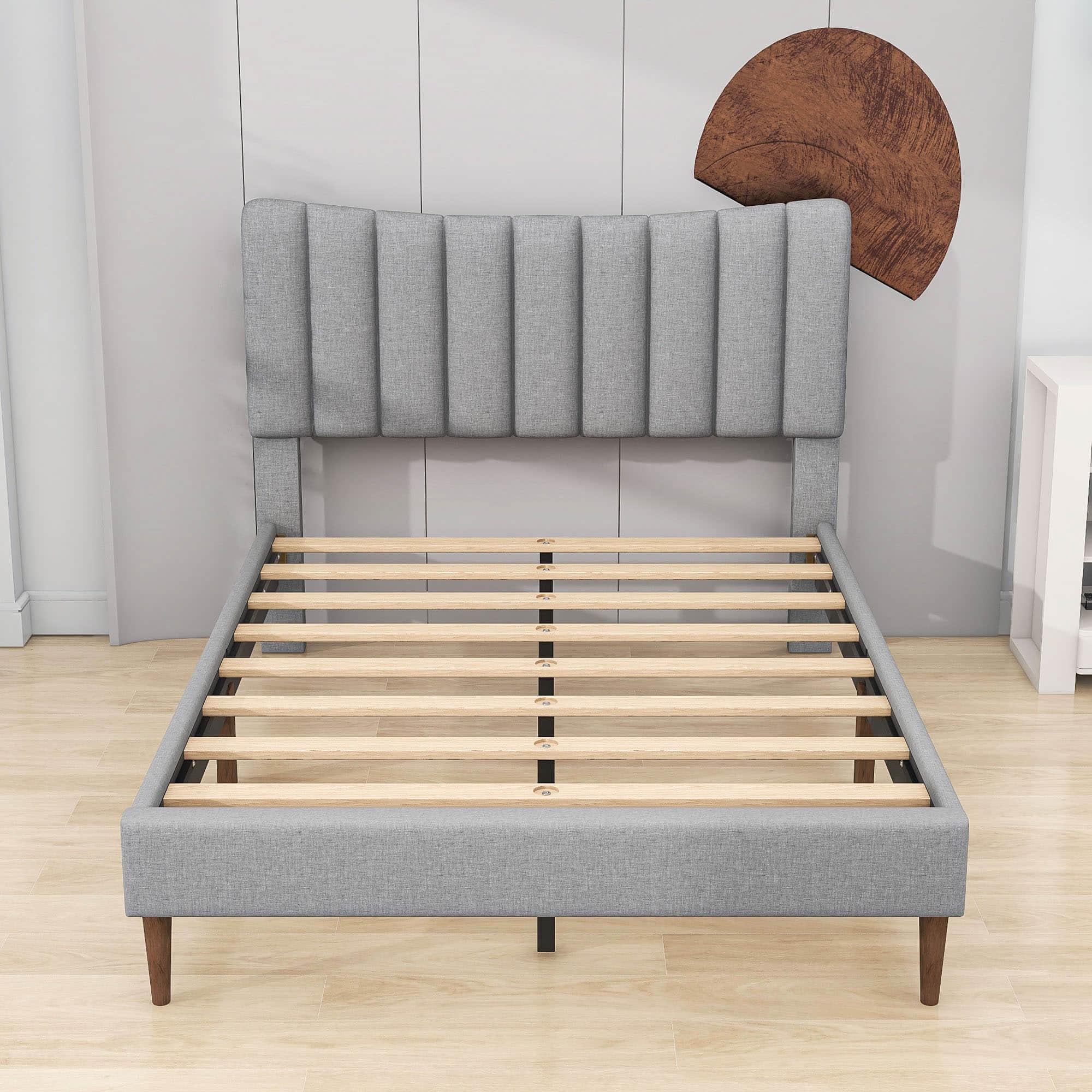 Full Size Linen Upholstered Platform Low Bed Frame with Headboard