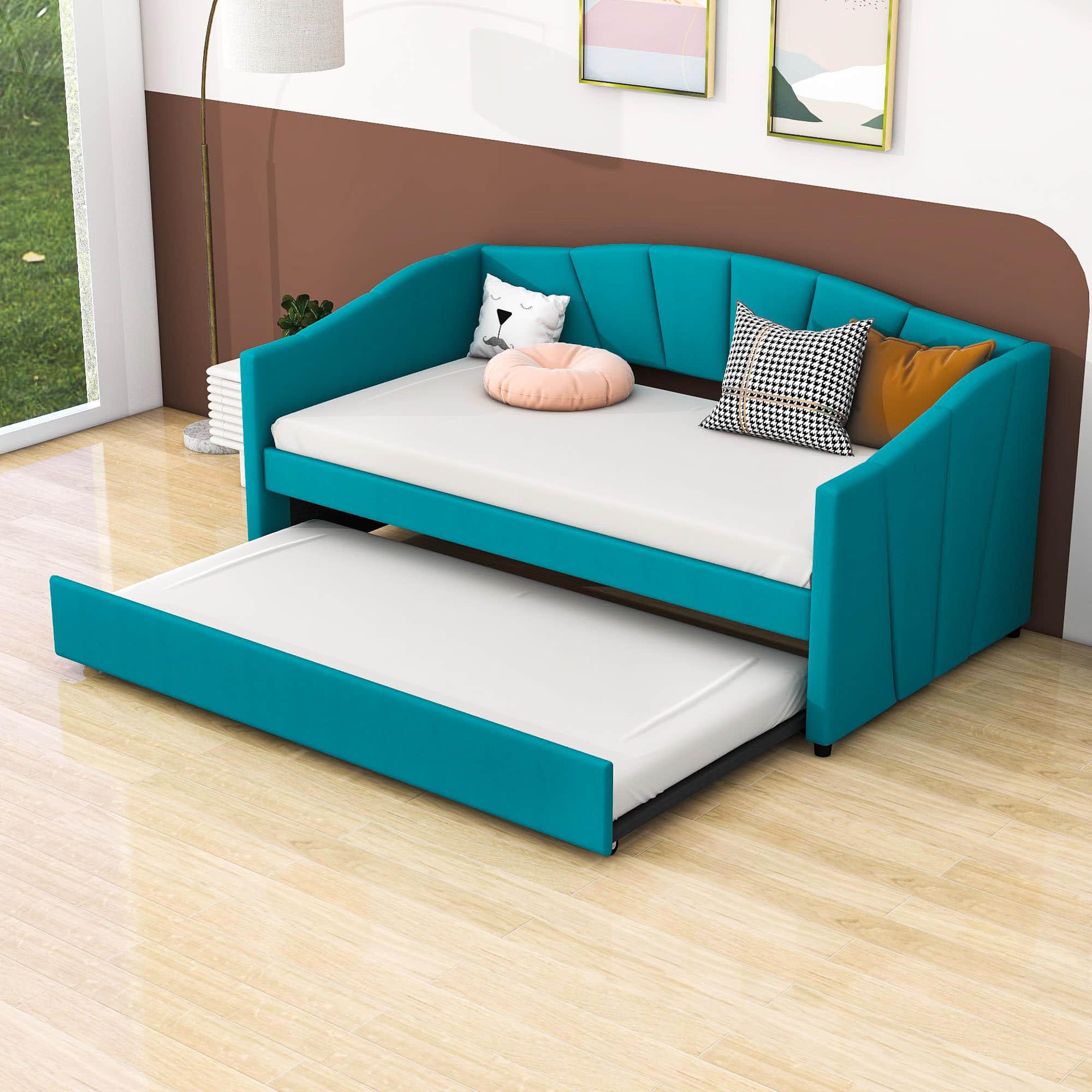 Velvet Upholstered Twin Daybed with Trundle Bed