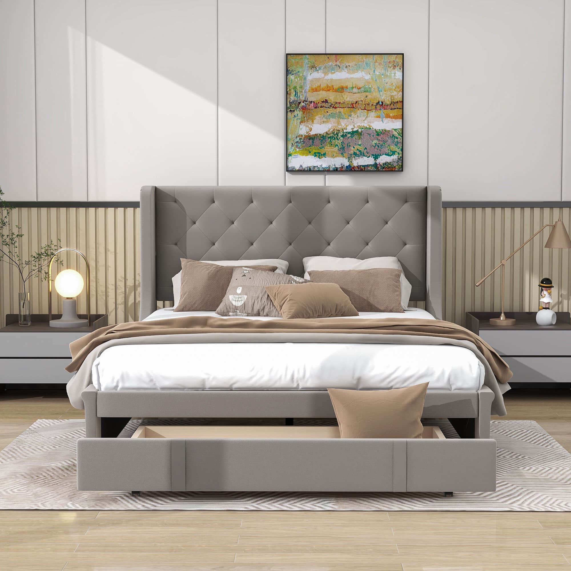 Queen Upholstered Bed Frame with Wingback Headboard and Storage