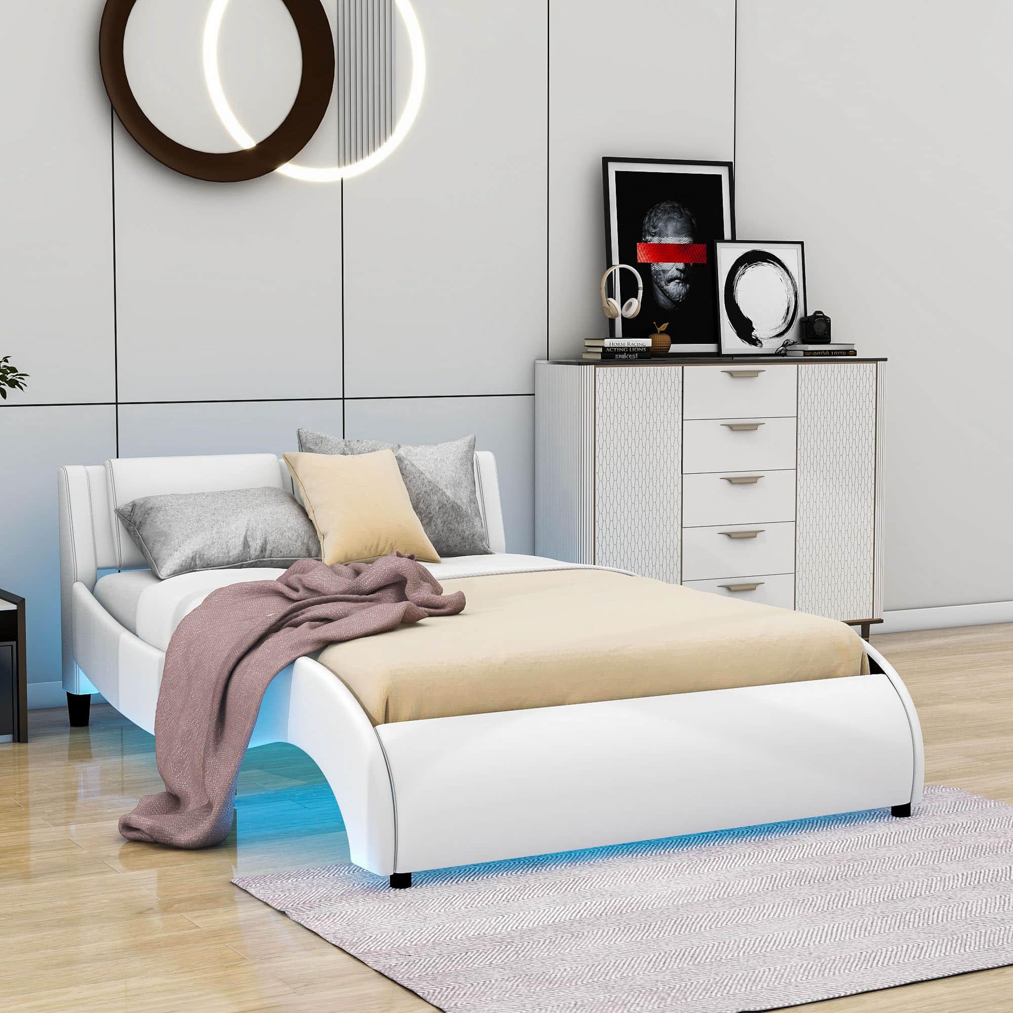 Modern Full Upholstered Platform Bed Frame with Headboard and Lights