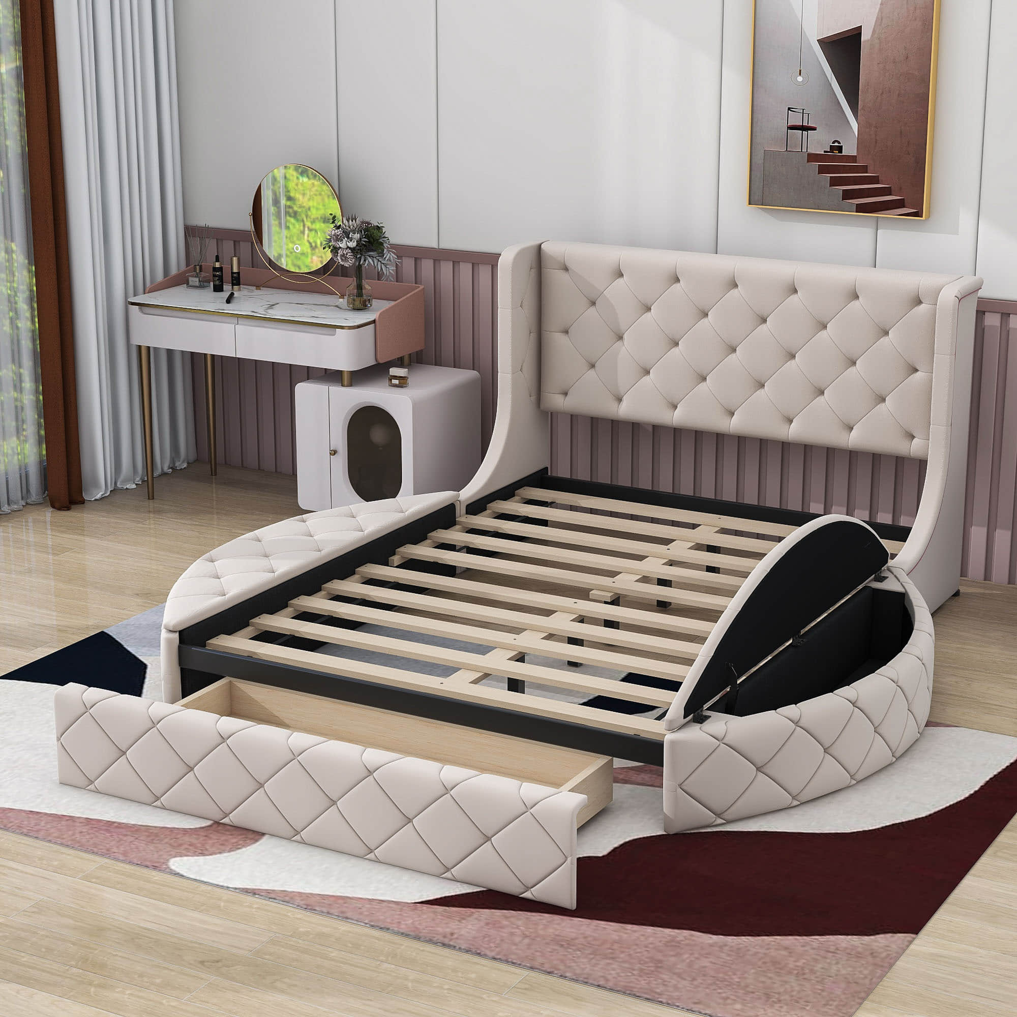 Upholstered Queen Platform Bed Frame with Wingback Headboard and Storage