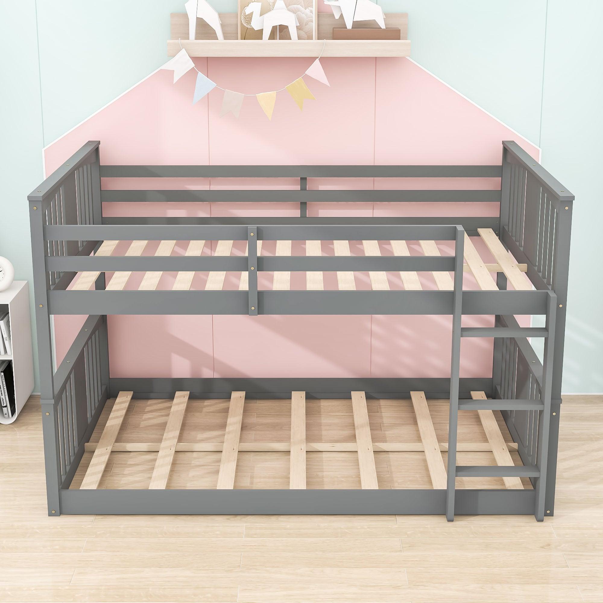 Wood Montessori Scandinavian Full Over Full Low Bunk Bed [Ladder, Guardrail]